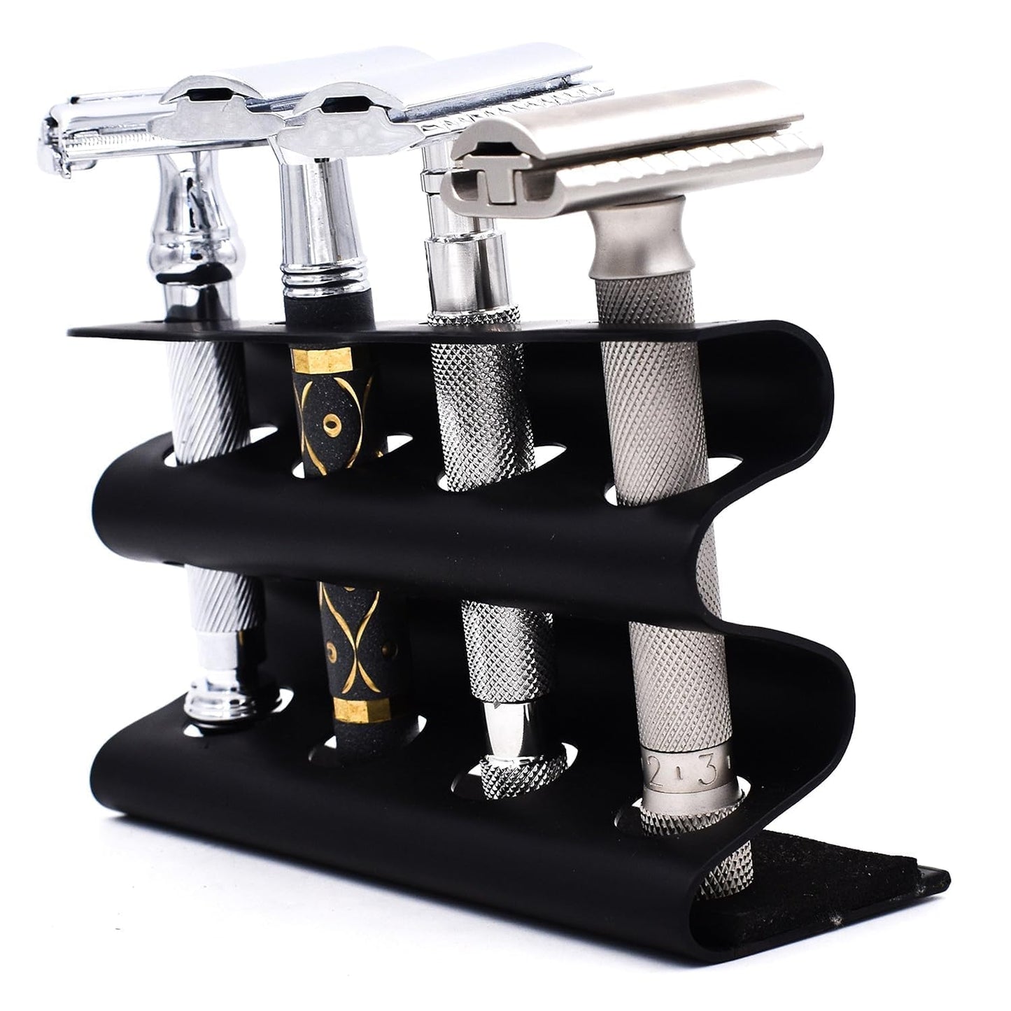 Parker Double Edge Razor Stand - Solid Brass with Black Finish -Holds 4 Razors - Parker Stand with Padded Base - Excellent Storage for Long Handled Beauty and Personal Care Parker Safety Razor