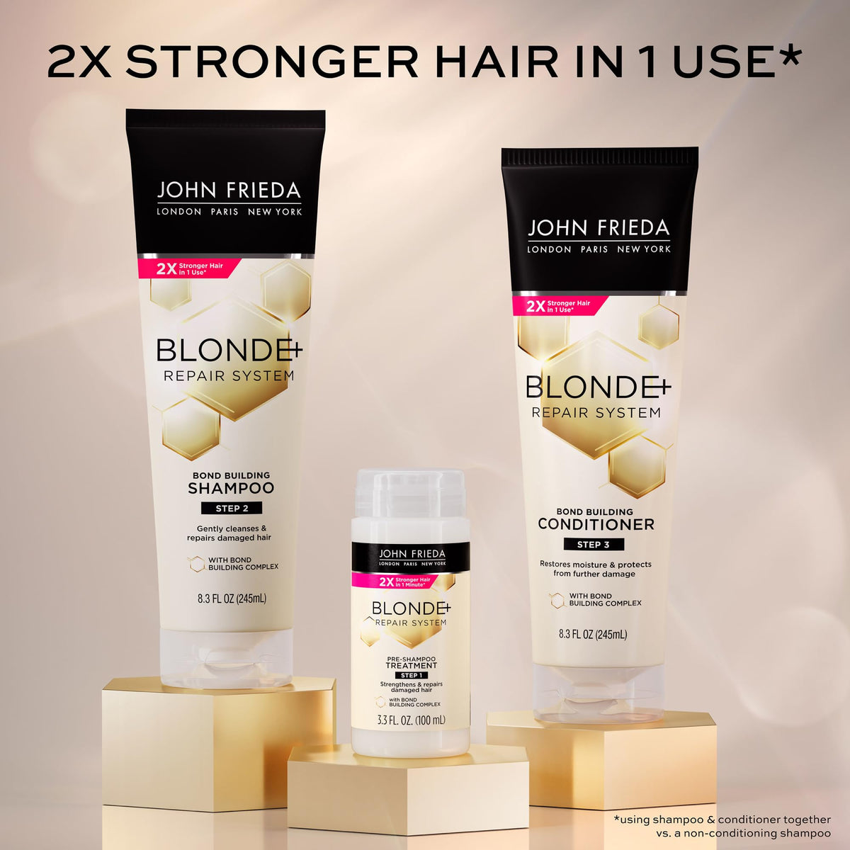 John Frieda Blonde+ Hair Repair System, Conditioner with Bond Building Complex, Restores Moisture and Protects Hair From Further Damage, Step 3 of