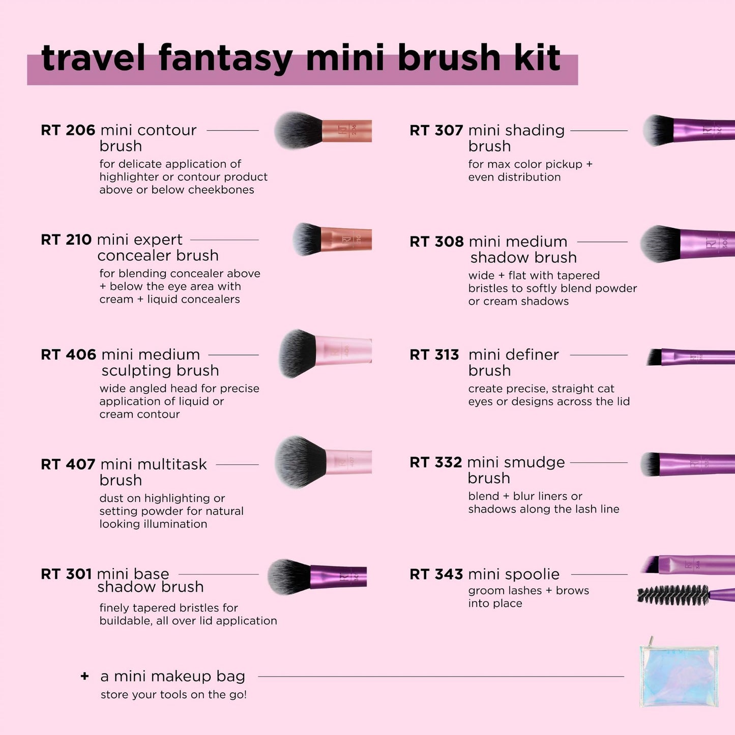Real Techniques 11 Piece Travel Fantasy Mini Brush Set, Travel Size Makeup Brushes For Foundation Eyeshadow, Powder, Blush, Contour, & Concealer Beauty & Personal Care Real Techniques