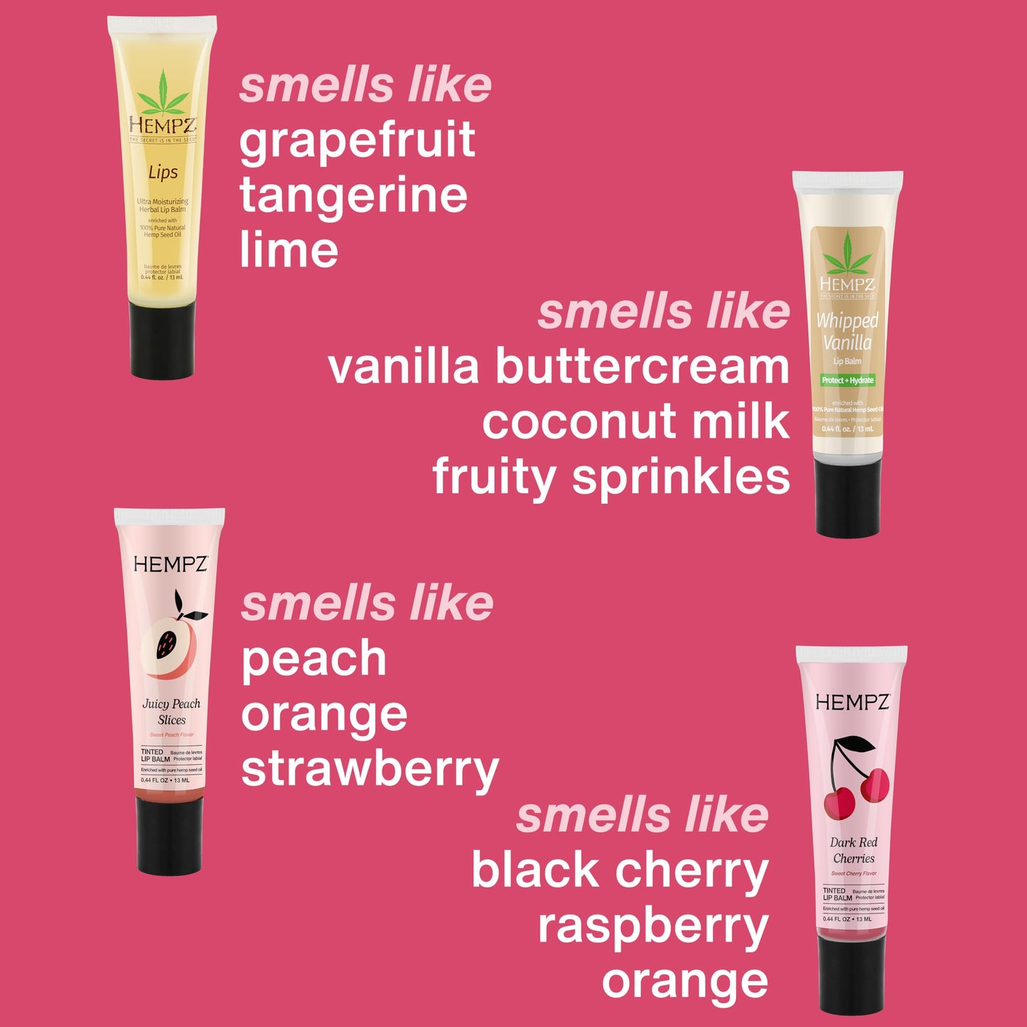 Hempz New Lip Balm Gift Set, Juicy Peach, Dark Red Cherries, Original and Whipped Vanilla, 4 Pack Set Beauty and Personal Care Hempz