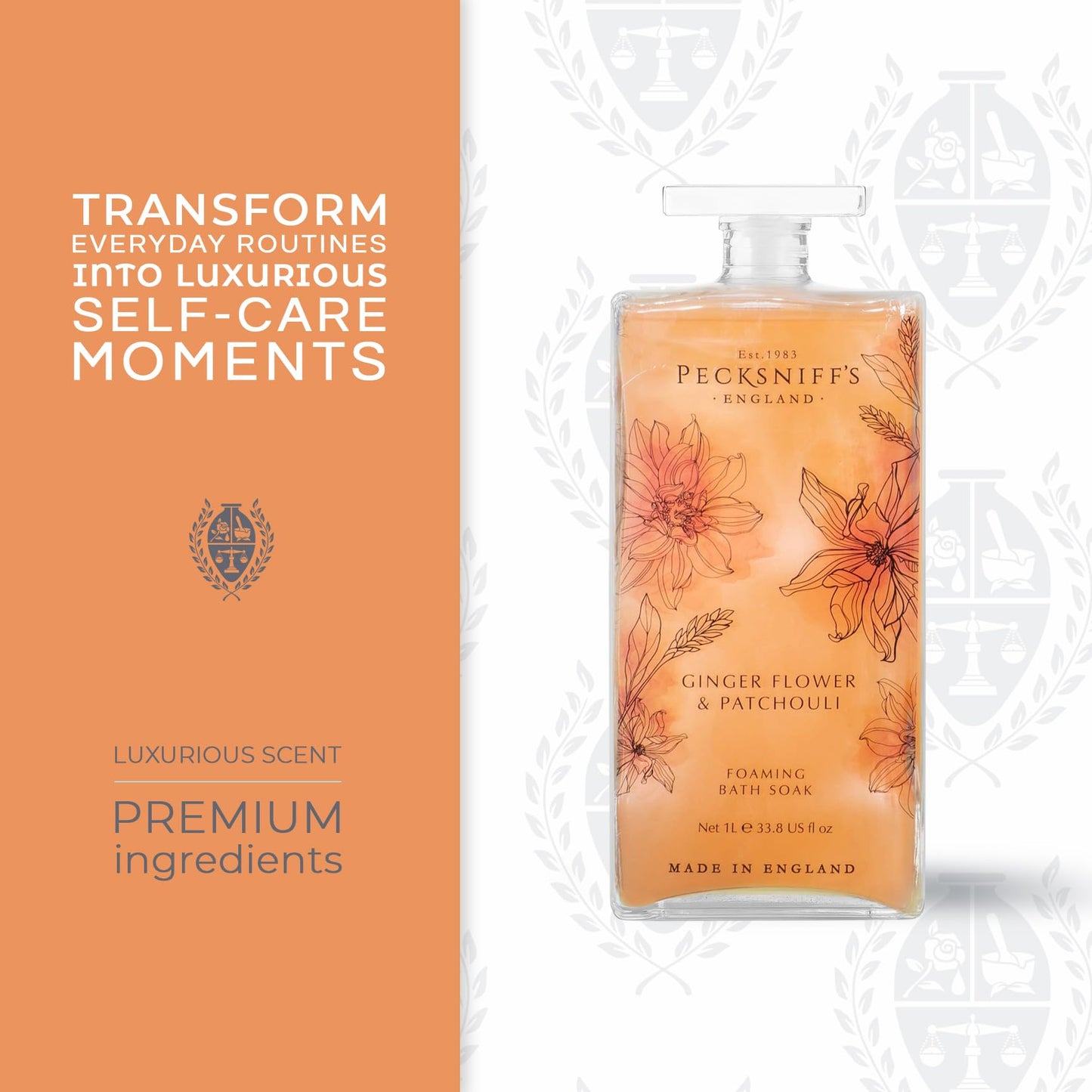 Pecksniff’s GingerFlower & Patchouli Foaming Bath Soak - Luxury Bubble Bath, 1L / 33.8 fl oz, Made in England Beauty and Personal Care Pecksniff's