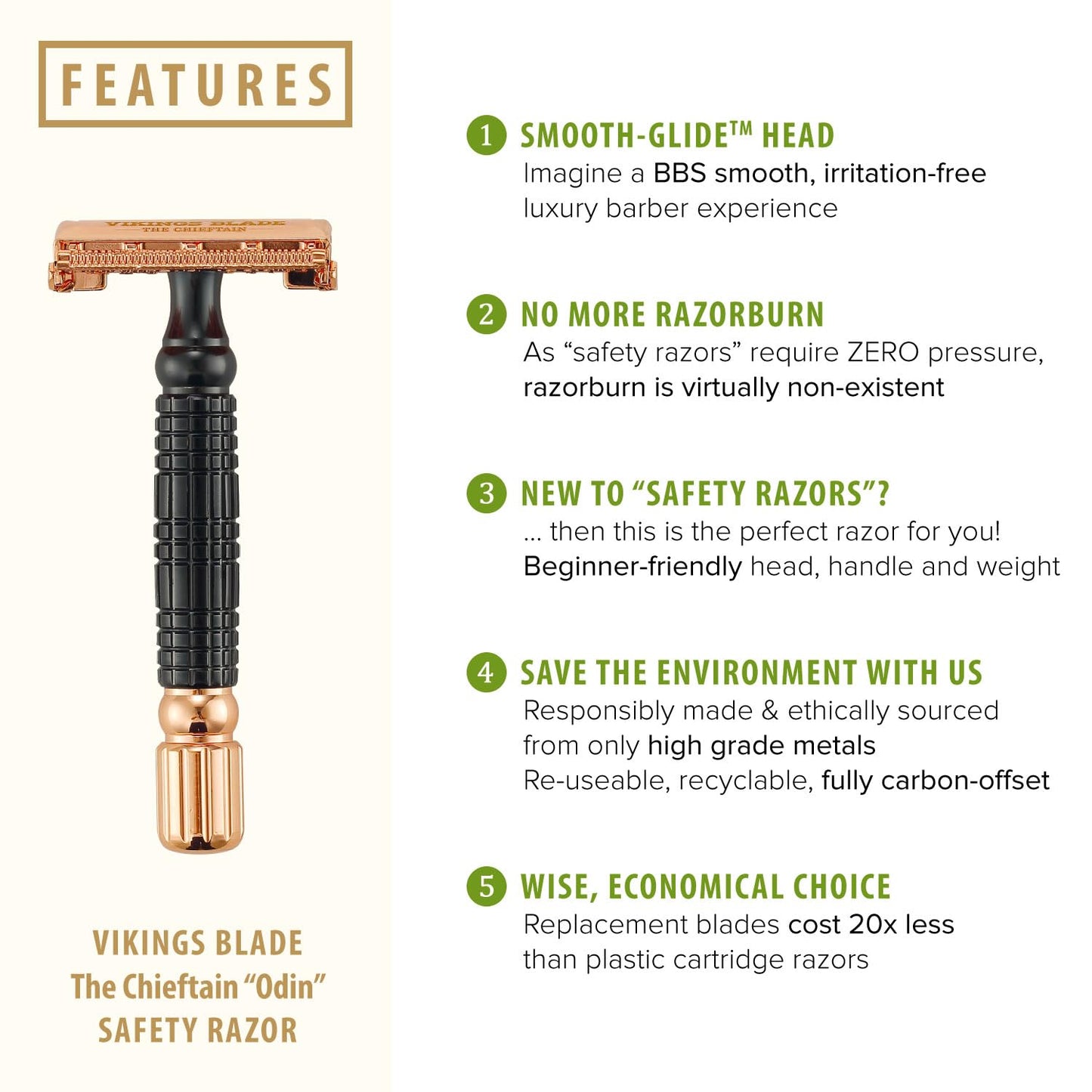 VIKINGS BLADE Double Edge Safety Razor for Men + 5 Swedish Steel Blades + Luxury Case. Smooth, Reusable, Eco-Friendly (Chieftain “Odin”) Beauty and Personal Care Vikings Blade