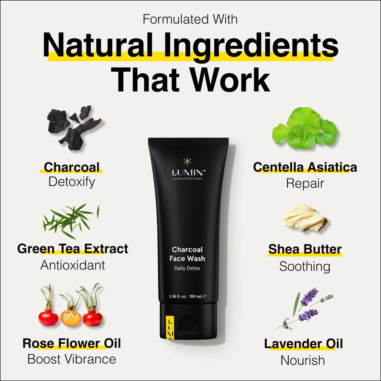Lumin Charcoal Face Wash for Men - Daily Detox Cleanser, Hydrating Face Wash, Gently Removes Dirt & Oil, Unclogs Pores, Exfoliates, Refreshing Beauty & Personal Care Lumin