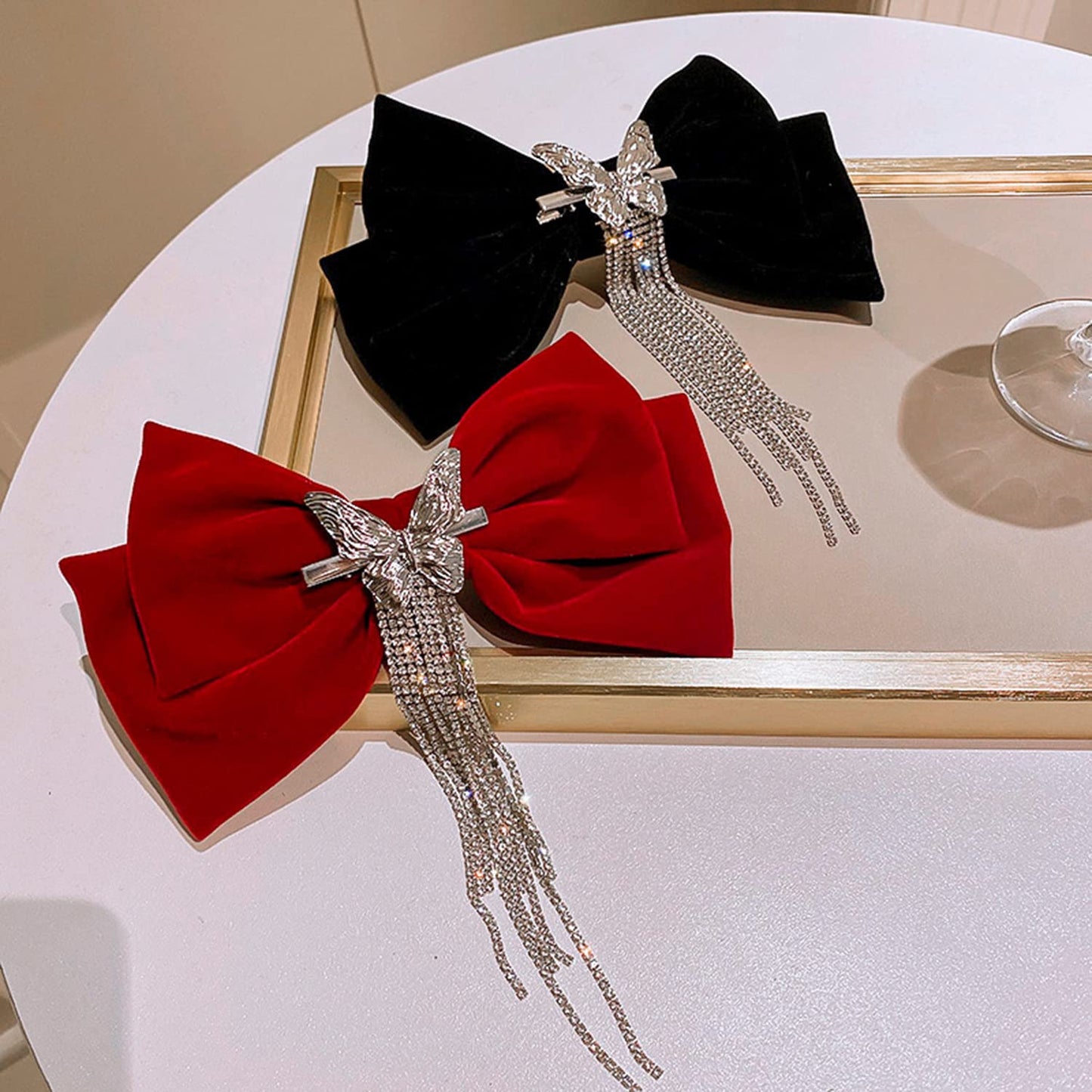 Wekicici Butterfly Rhinestone Hair Clips with Tassel Barrettes and Huge Soft Bows for Women and Girls (Black) Beauty & Personal Care wekicici