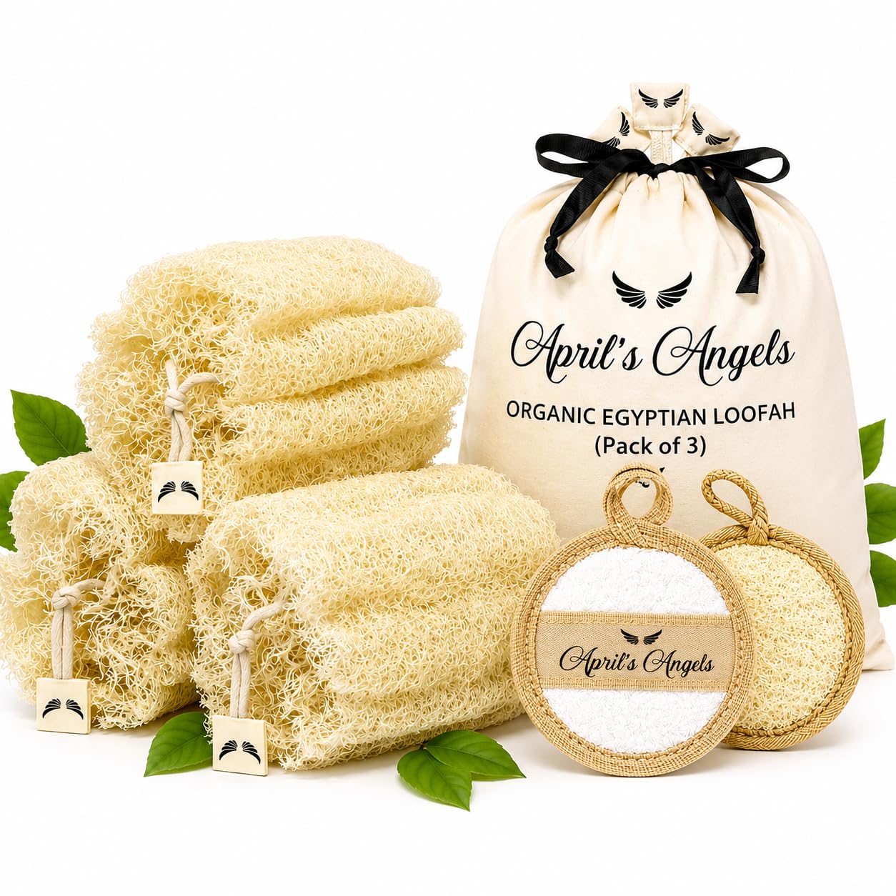 100% Natural Egyptian Loofah Set - 3 Large Exfoliating Loofah Sponges + Free Egyptian Face Scrubber + Cotton Storage Bag - Eco-Friendly Body Scrubber Beauty and Personal Care April's Angels