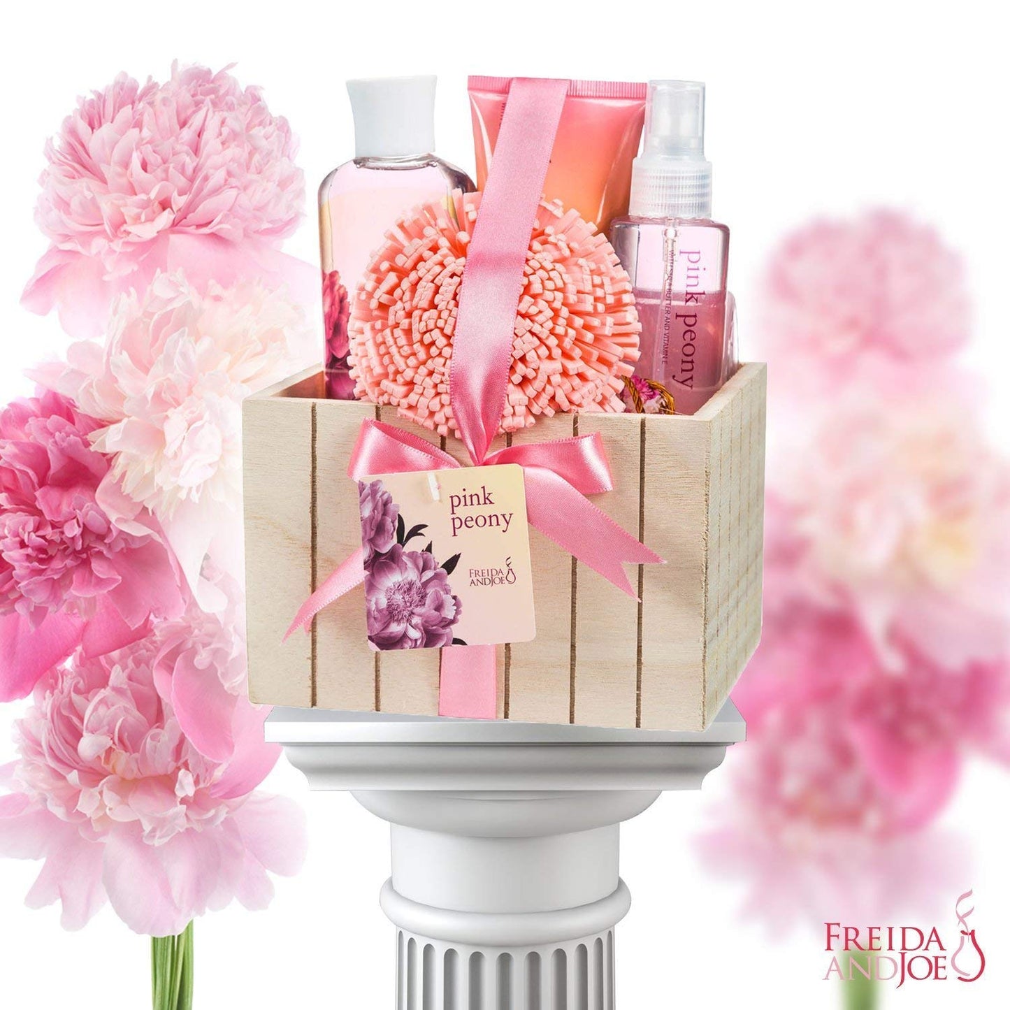 Pink Peony Bathroom Bath Set for Women, Complete Skincare Products in a Natural Wood Plant Box, Body Lotion, Shower Gel, Bubble Bath, Body Spray, Puff Beauty & Personal Care Freida and Joe