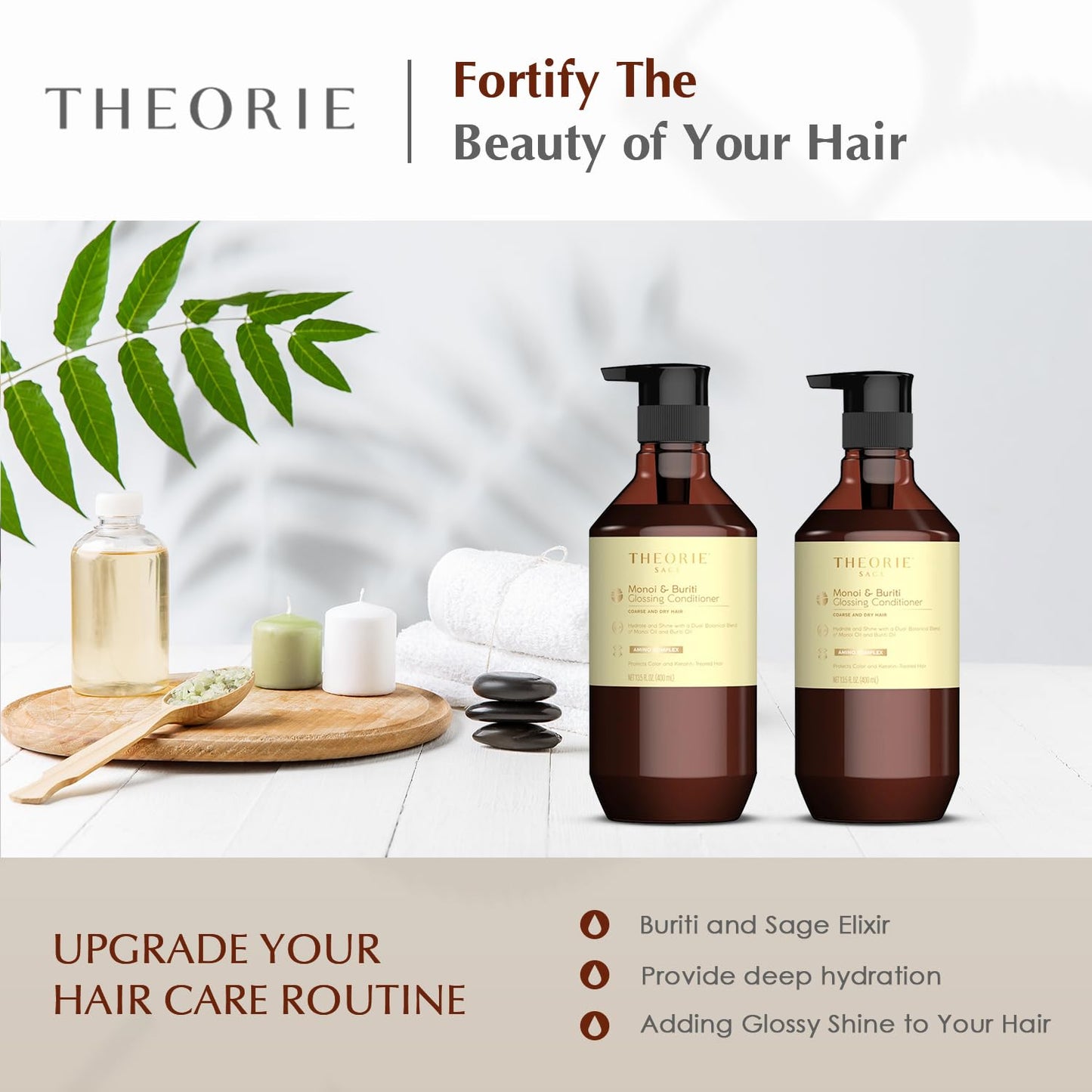 Theorie Monoi and Buriti Glossing Conditioner - Hydrate & Shine - Suited for Coarse and Dry Hair - Protects Color & Keratin Treated Hair, Pump Bottle Beauty & Personal Care Theorie