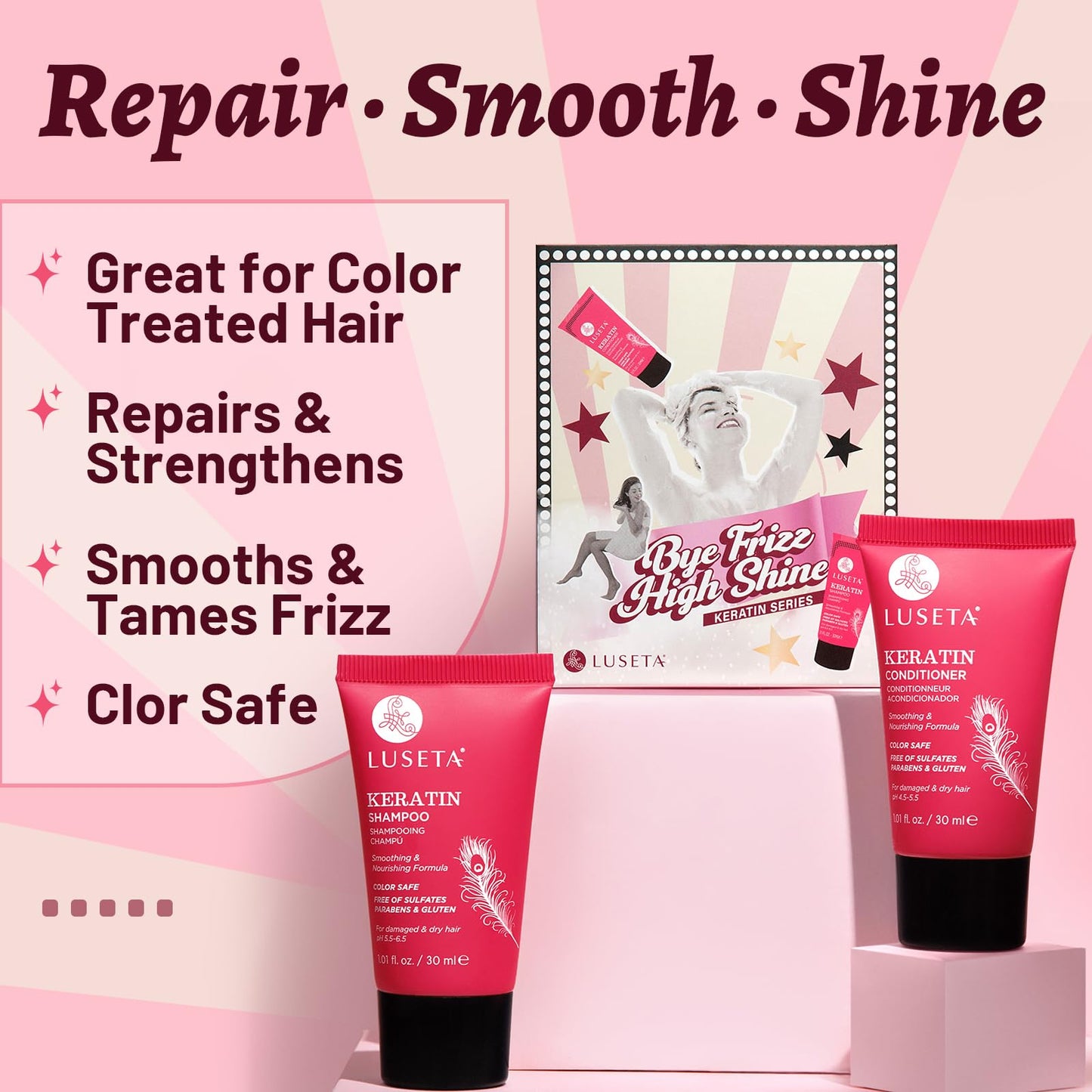 Luseta Keratin Travel Shampoo and Conditioner Set For Dry, Damaged, or Color Treated Hair Smoothing & Hydrating Mini Kit Carry On Friendly Sulfate Beauty & Personal Care L LUSETA