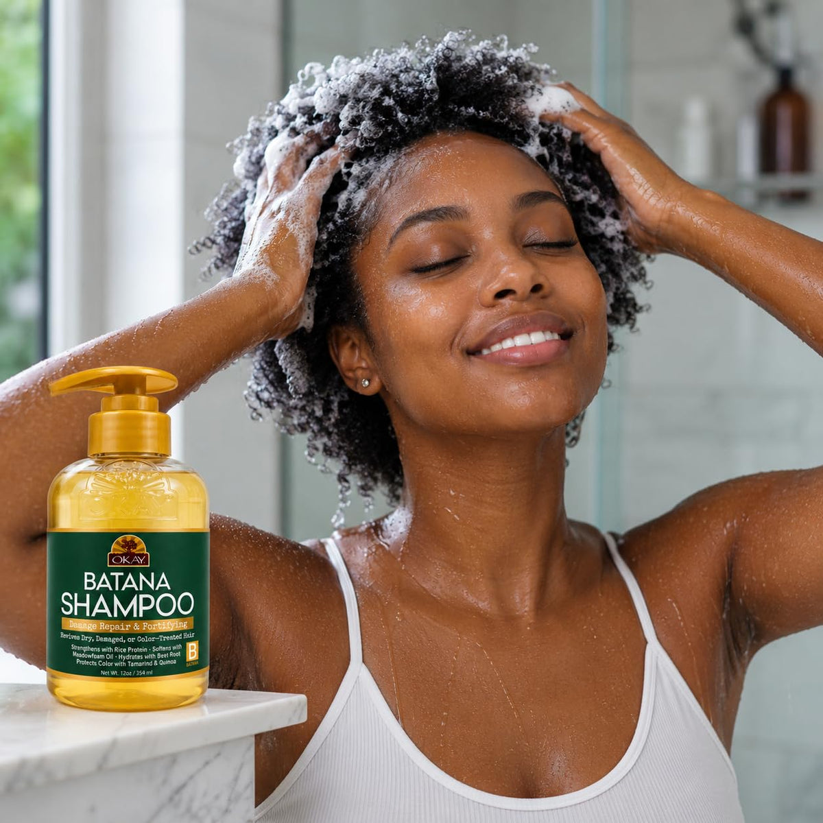 OKAY Batana Oil Strengthening Shampoo 12oz Moisturizing Hair Repair with Batana Oil, Quinoa & Rice Protein Hydrates, Strengthens & Restores Shine for