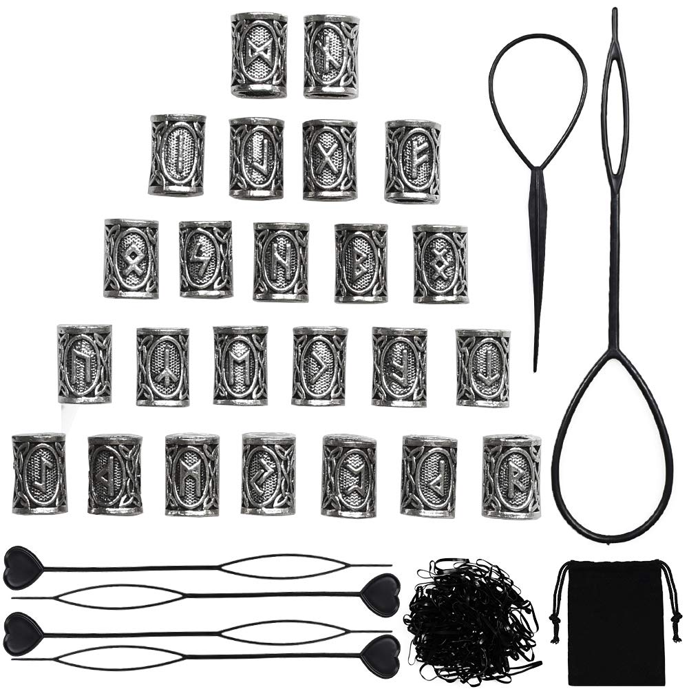 24 PCS Viking Hair Beads Beard Hair Beard Beads 6 PCS Pull Hair Pin Quick Beader 100 PCS Black Rubber Bands and a Bag Beauty & Personal Care Jolbndcv