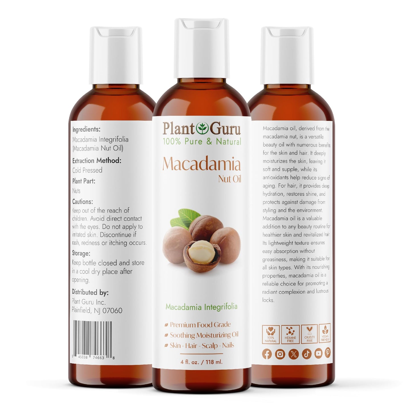 Plant Guru Macadamia Nut Oil 4 fl. oz. Cold Pressed 100% Pure Natural Carrier - Skin, Face, Body, and Hair Moisturizer. Ideal for DIY Creams, Lotions Beauty & Personal Care Plant Guru