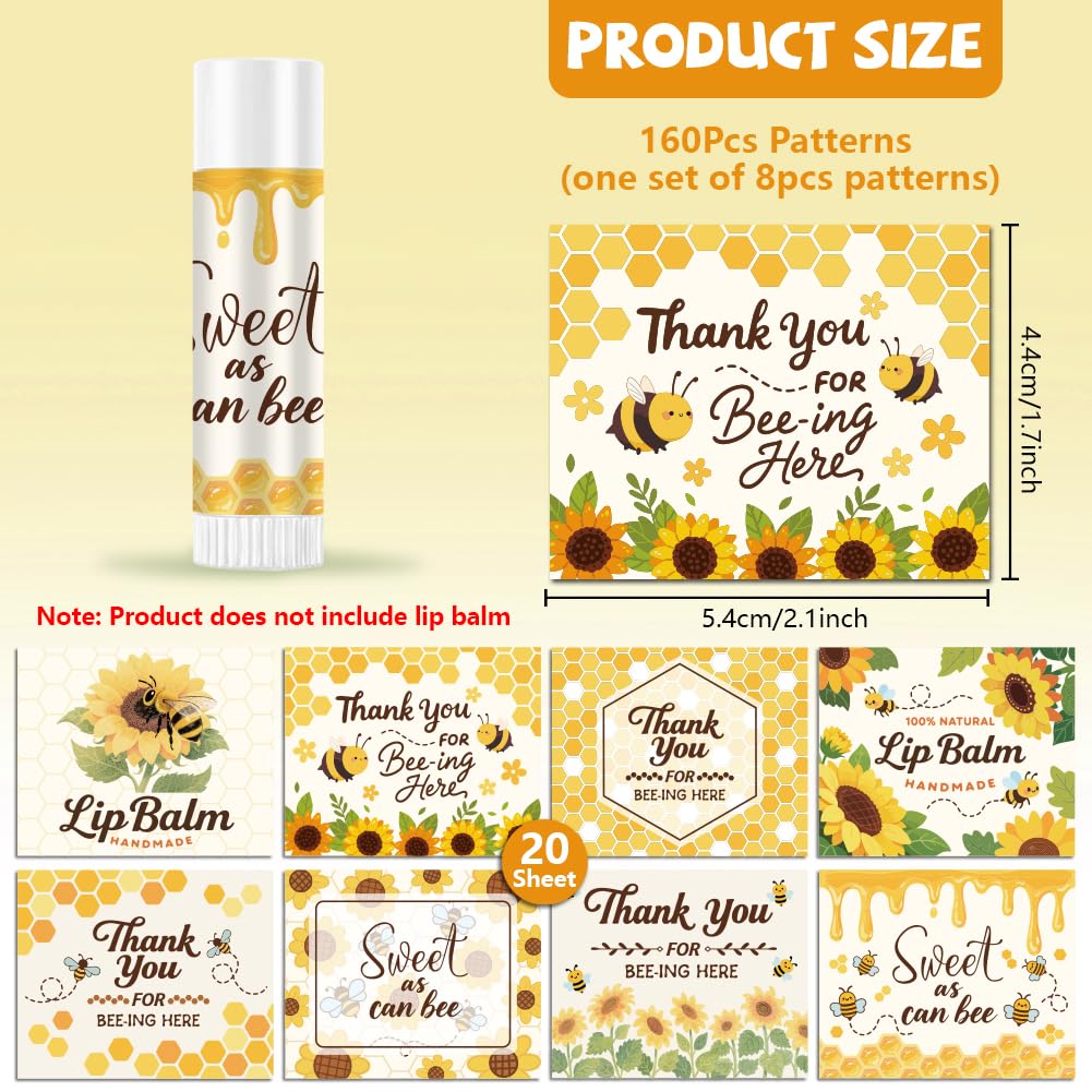 Peacoblue 160Pcs Lip Balm Labels Sticker for Tubes 2.1"x1.7" Bees and Sunflowers, 8 Styles Waterproof Chapstick Labels Glossy for Homemade Lip Balm Beauty and Personal Care peacoblue