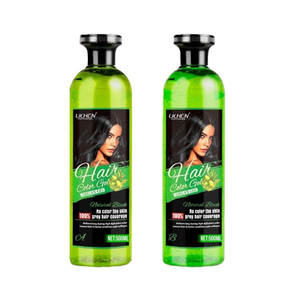 Lichen Organic Black Hair Color Gel for Women and Men with Argan Oil | Ammonia-Free, Damage-Free I 100% Natural Grey Hair Coverage I 500ml + 500ml