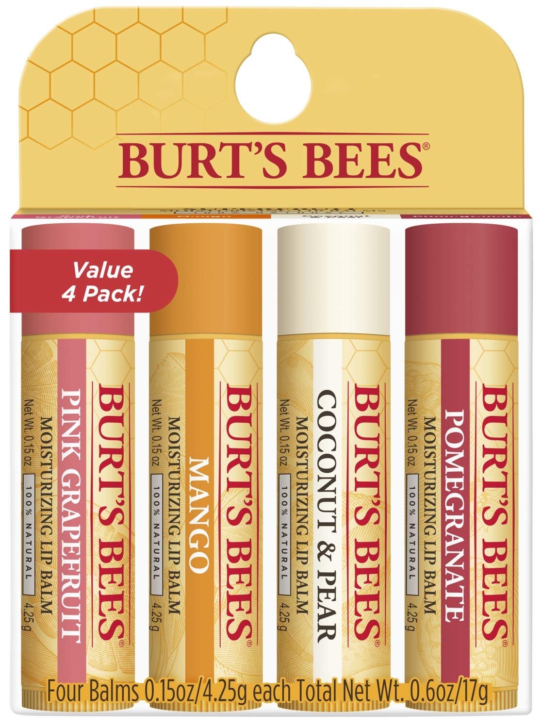 Burt's Bees 100% Natural Moisturizing Lip Balm, Superfruit - Pink Grapefruit, Mango, Coconut & Pear, Pomegranate - 4 Tubes Beauty and Personal Care Burt's Bees