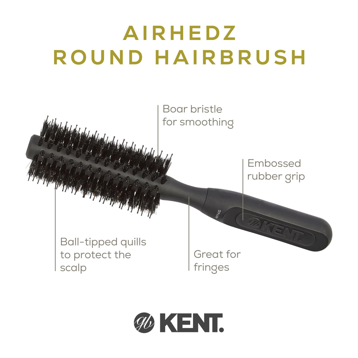 Kent AH16G AirHez Boar & Nylon Bristle Round Brush - Blow Dryer Brush for Curling, Great for Adding Volume & Root Lifting in Short Hair