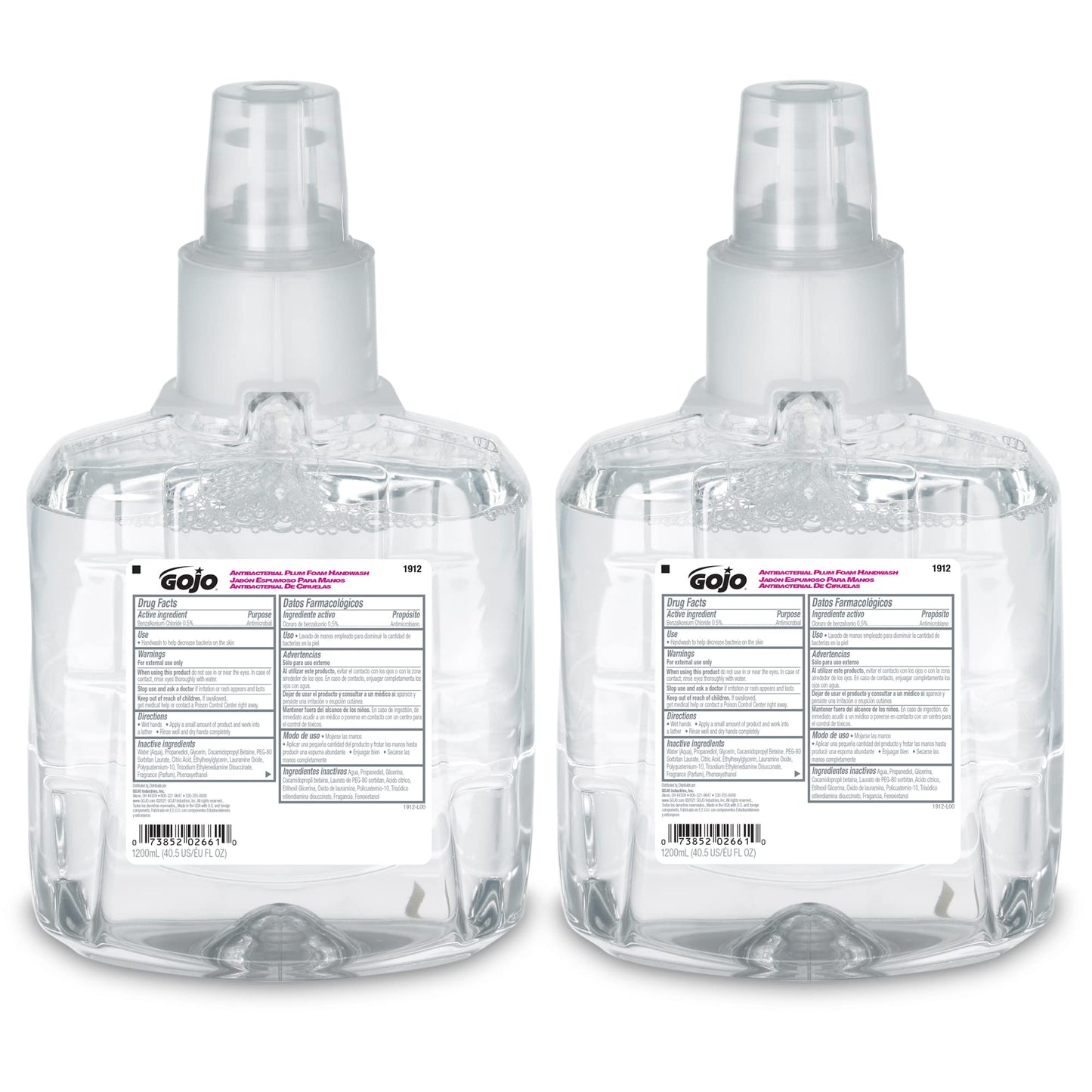 GOJO Antibacterial Foam Handwash, Plum Fragrance, 1200 mL Foam Hand Soap Refill LTX-12 Touch-Free Dispenser (Pack of 2) - 1912-02 Beauty & Personal Care GOJO
