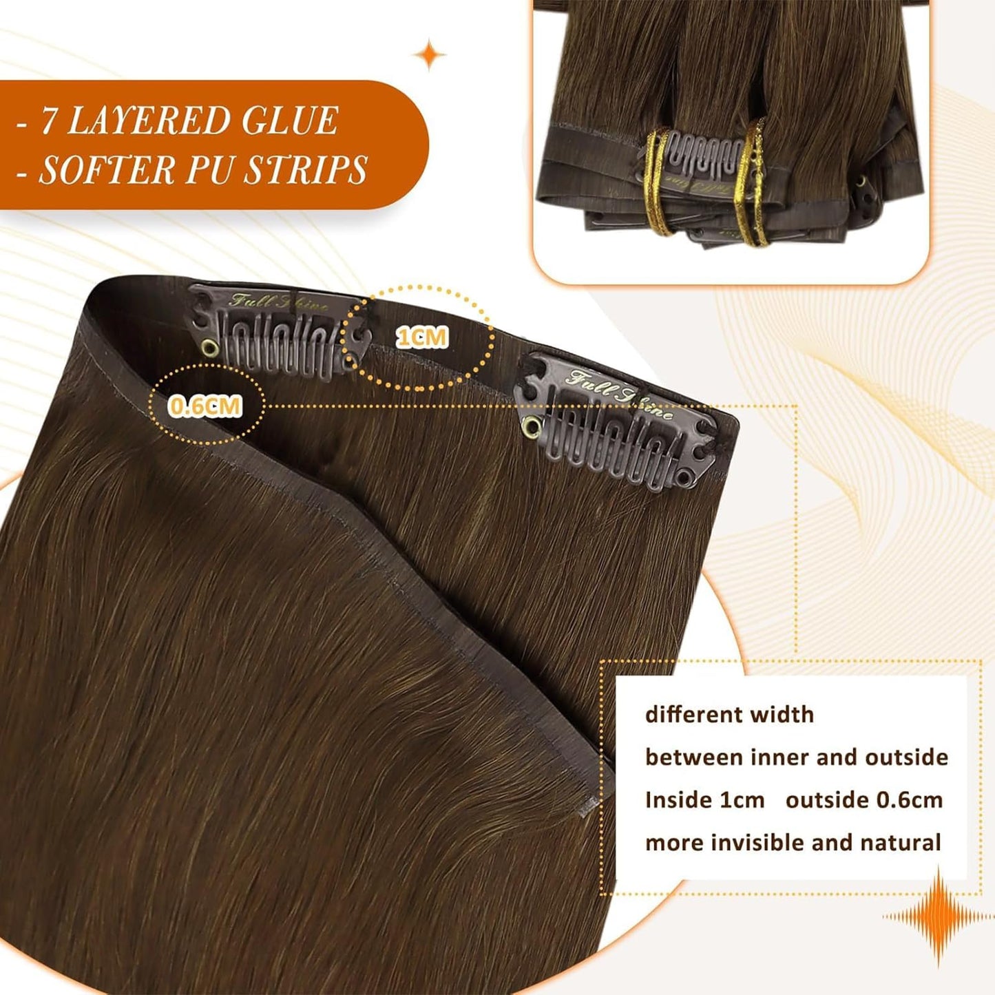 Full Shine Seamless Clip in Human Hair Extensions Medium Brown 140g 16 Inch Beauty and Personal Care Full Shine