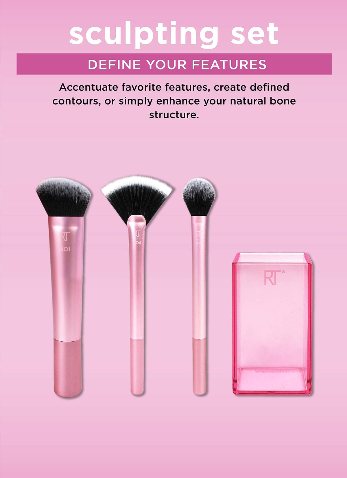 Real Techniques Cruelty Free Sculpting Set, Includes Fan or Setting Brush & Brush Cup, Synthetic Bristles, Pink, 4 Piece