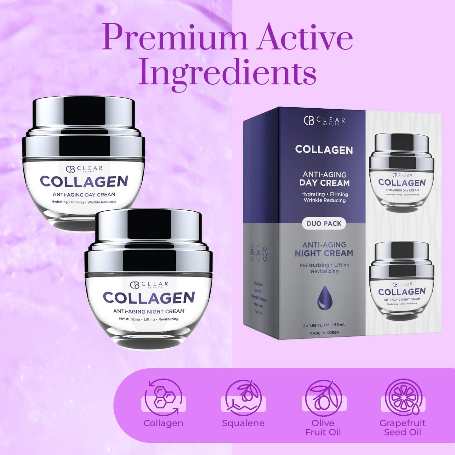 Clear Beauty Collagen Day & Night Face Moisturizer - Dermatologist Tested, Anti Aging Korean Skin Care - Plumping Hydration, Elasticity Support, Silky Beauty & Personal Care Clear Beauty