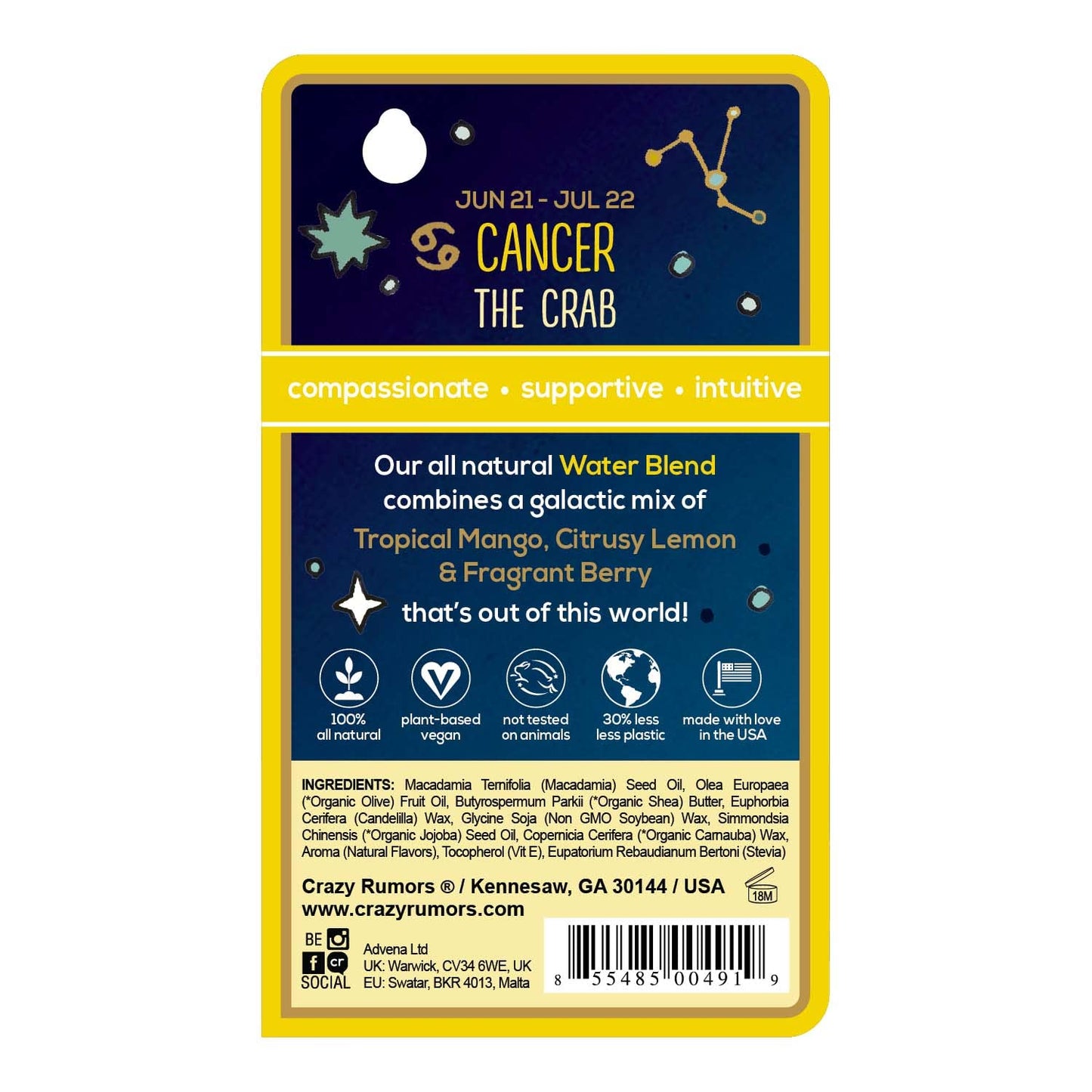 Crazy Rumors Cancer Zodiac All Natural, Plant Based Lip Balm to Moisturize and Nourish your Lips - Water Blend (Tropical Mango, Citrus Lemon, Beauty and Personal Care Crazy Rumors