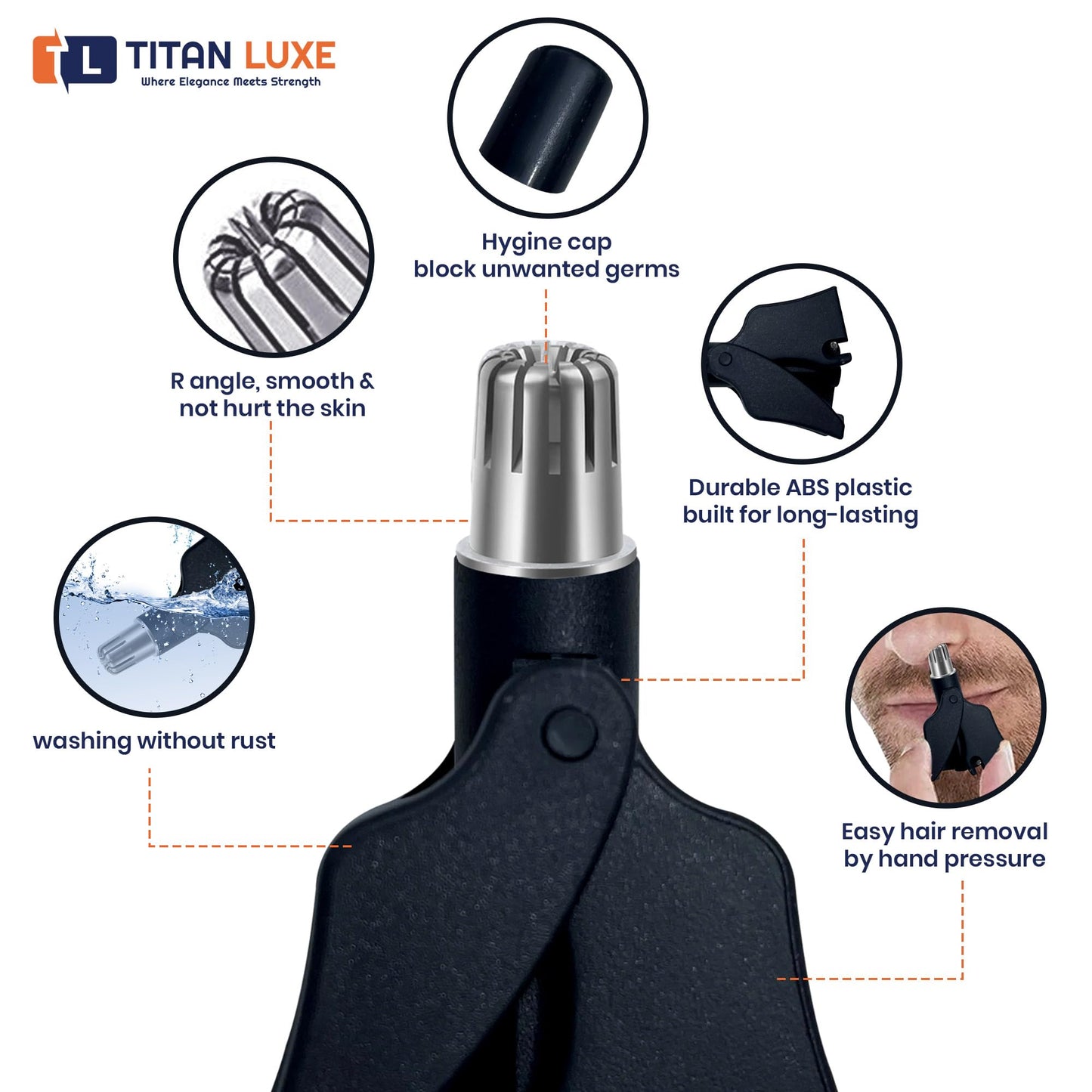 Titan Luxe Stainless Steel Hair Trimmer for Men and Women - Manual Nose and Ear Hair Trimmer - Nose Clippers, 360° Rotating Hair Trimmers - Washable Beauty and Personal Care Titan Luxe