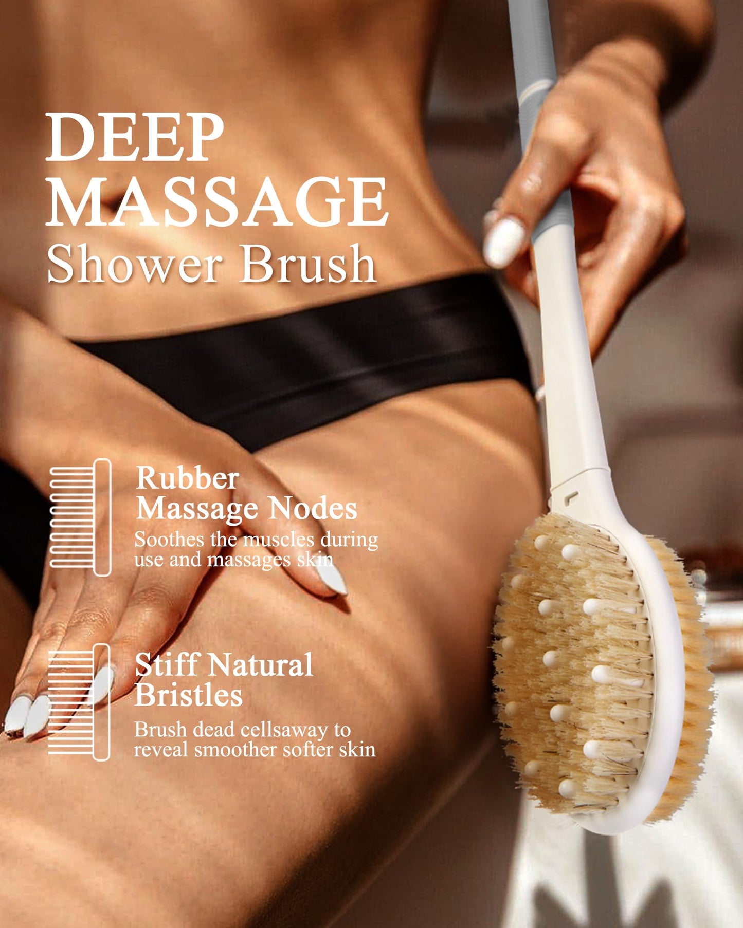Shower Brush for Massage Dry Brushing: Back Scrubber for Shower with 18.1 in Anti Slip Long Handle - Bath Body Brush for Lymphatic Drainage Beauty and Personal Care Rafow