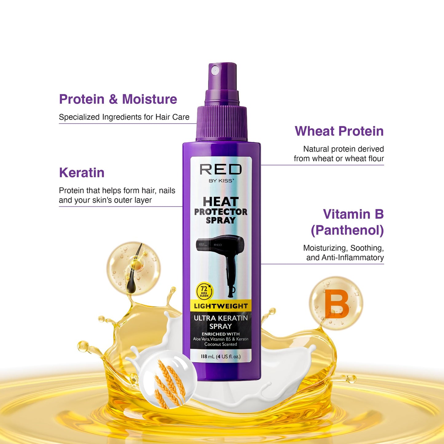 Red by Kiss Heat Protector, 4 Fl Oz - Ultra Keratin Spray for Thermal Protection, Enriched with Vitamin B5 & Keratin, Hydration, Strength, and Anti Beauty & Personal Care Red by Kiss