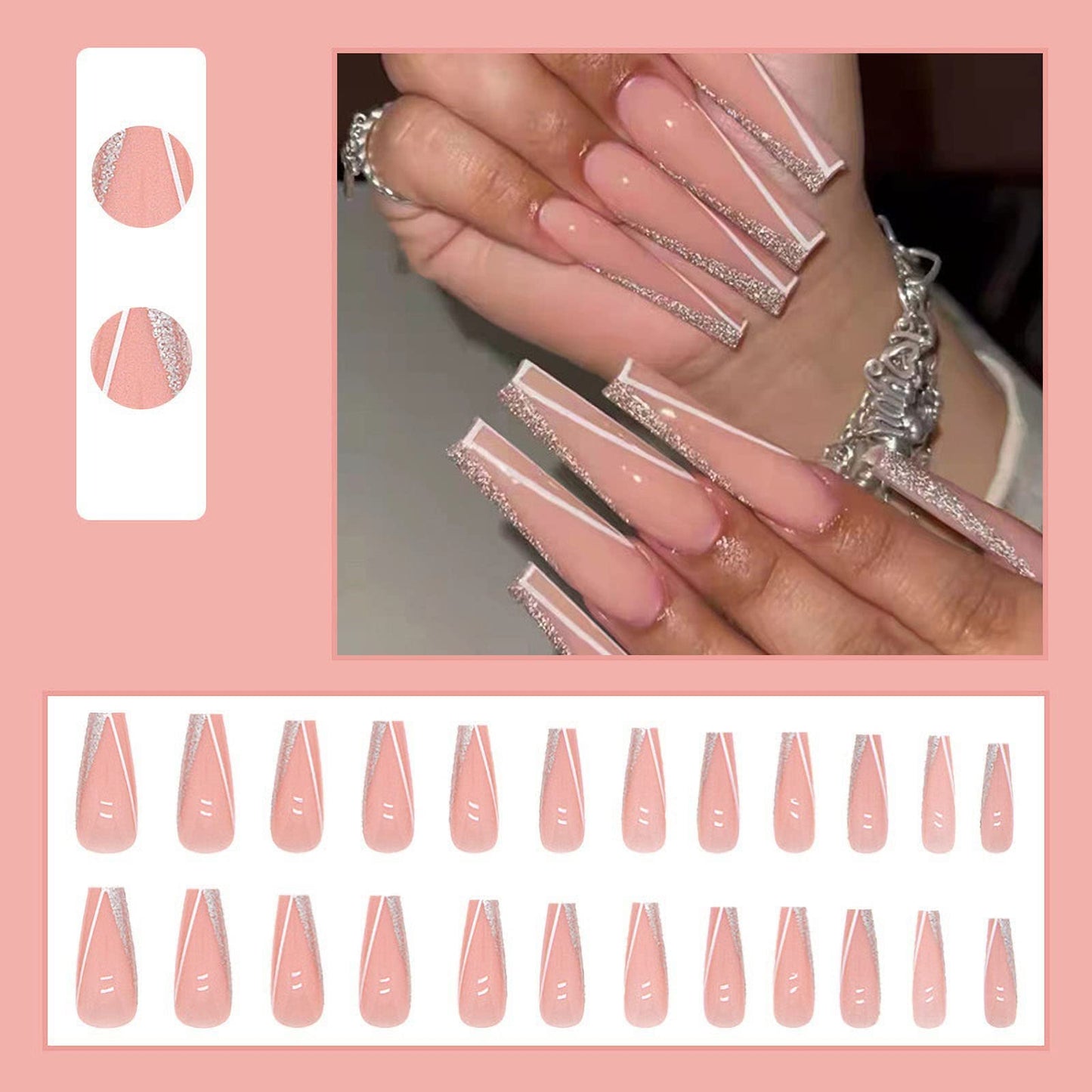 MISUD Press on Nails - Long Coffin Fake Nails with Pink, Acrylic Bling Glitter Design 24 pcs Beauty & Personal Care MISUD
