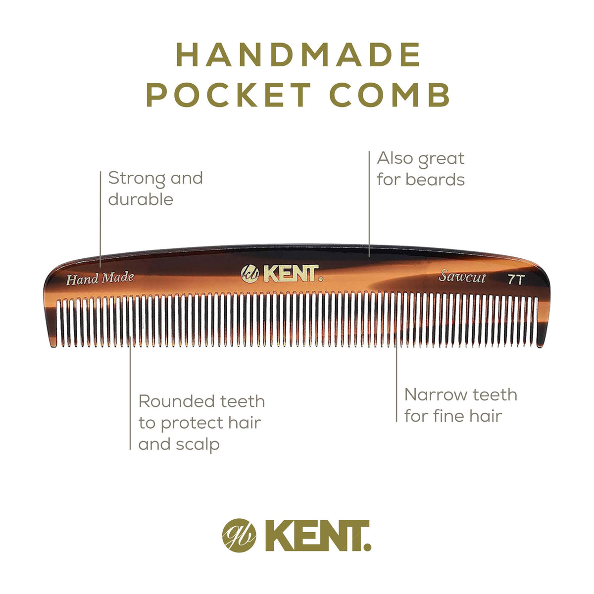 Kent 7T Handmade All Fine Tooth Pocket Comb for Men, Hair Comb Straightener for Everyday Grooming Styling Hair, Mustache and Beard, Use Dry or with