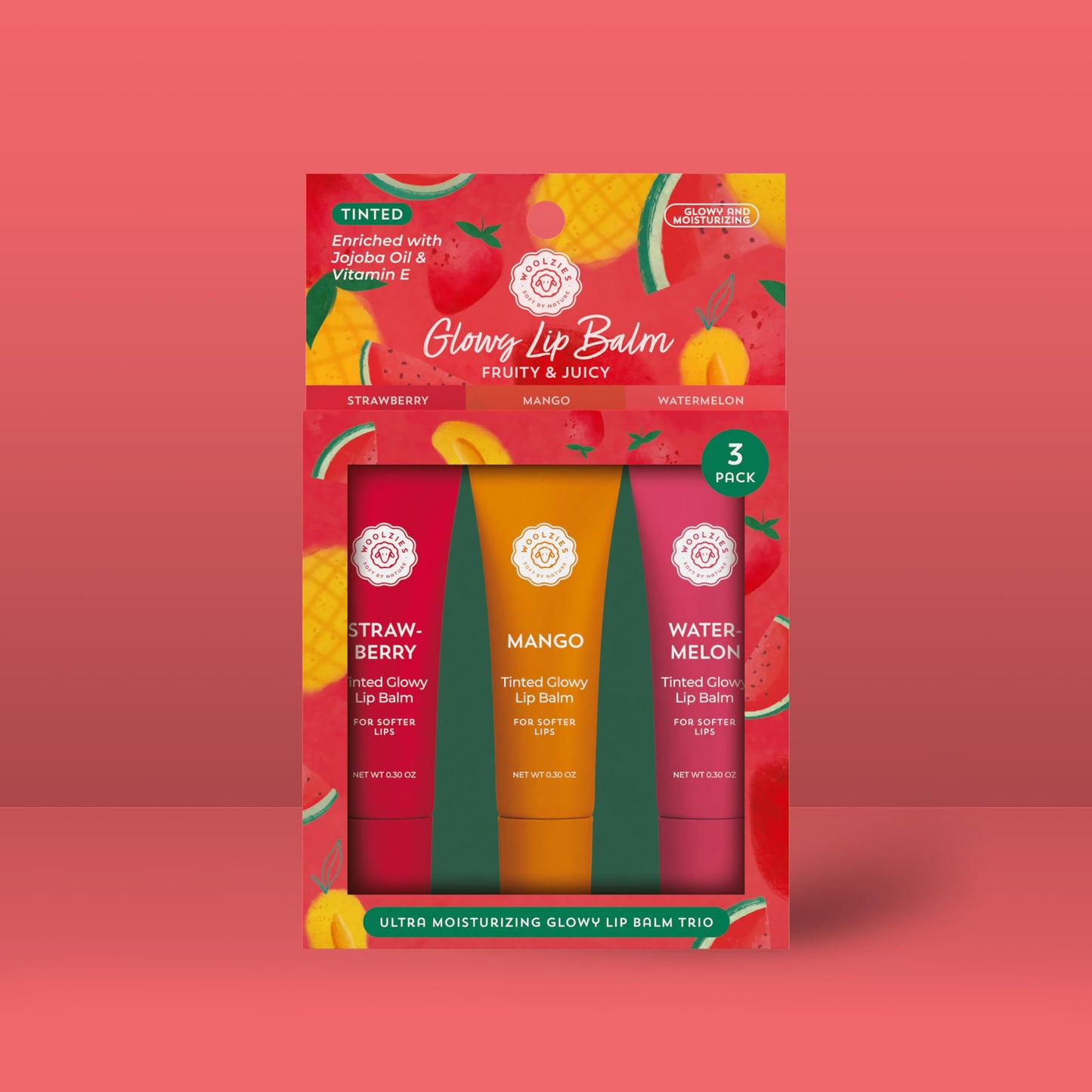 Tinted Glowy Lip Balm Trio - Natural Hydrating Lip Care Set with Vitamin E, Cocoa Butter & Jojoba Oil - Moisturizing, Vegan, Cruelty-Free Lip Balms Beauty and Personal Care Woolzies