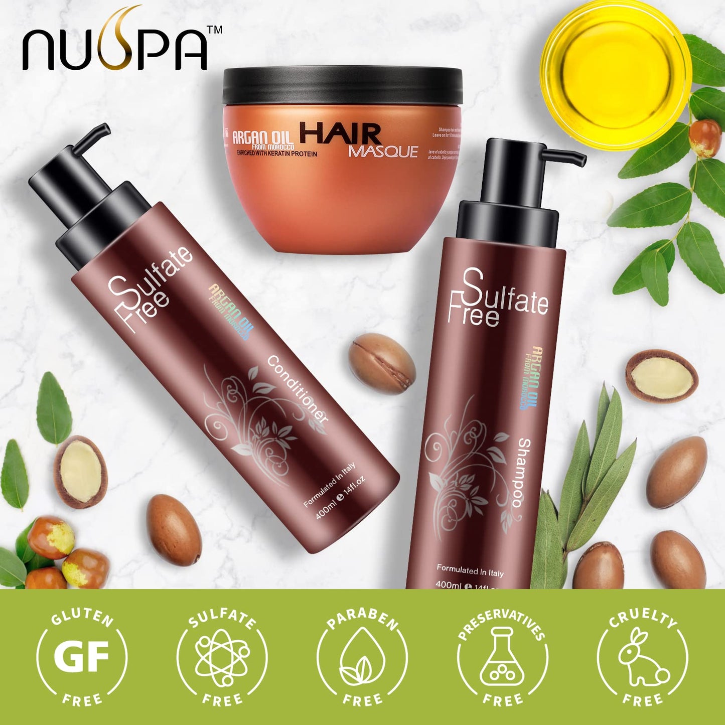 Nuspa Moroccan Argan Oil Hair Care Set - Sulfate Free for Damaged, Dry, Frizzy, Color Safe, Keratin Treated Hair with Long Lasting Shine Beauty & Personal Care NUSPA NUSPA