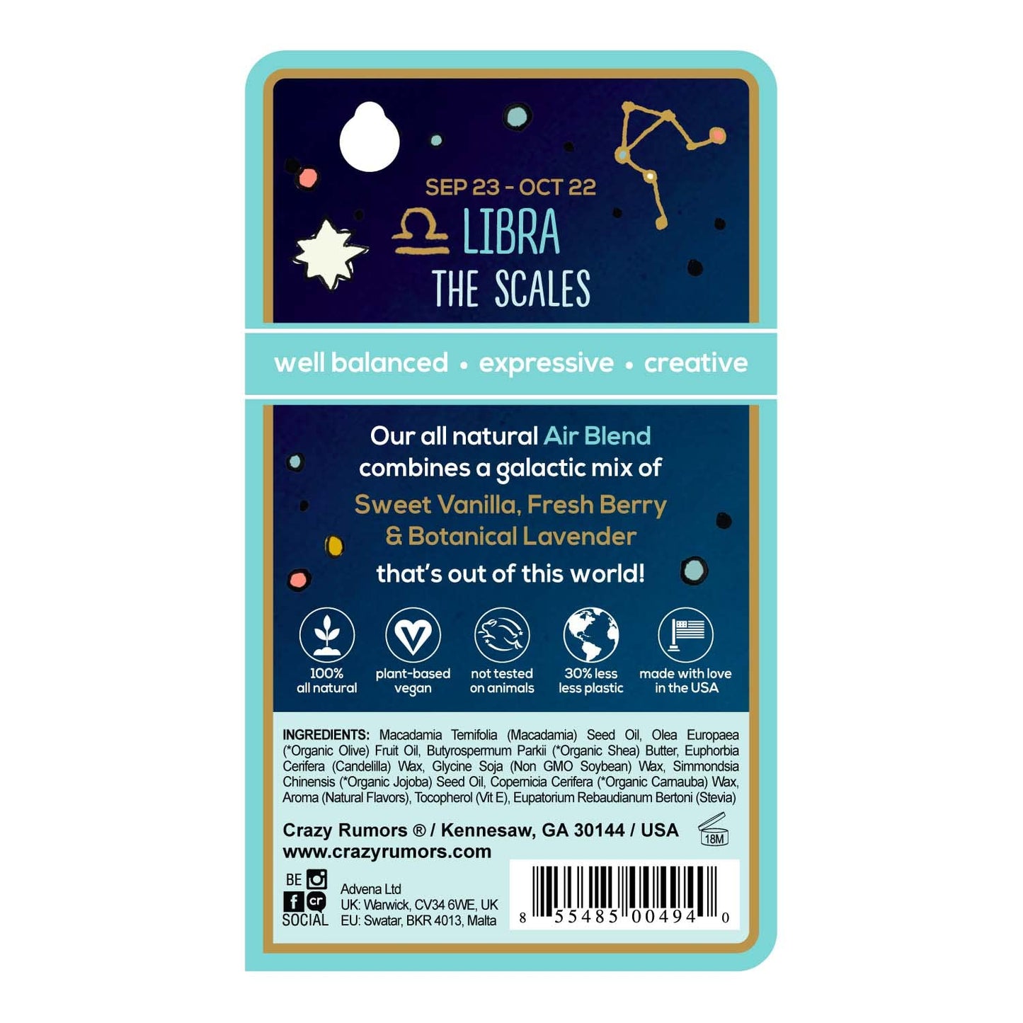 Crazy Rumors Libra Zodiac All Natural, Plant Based Lip Balm to Moisturize and Nourish your Lips - Air Blend Beauty and Personal Care Crazy Rumors