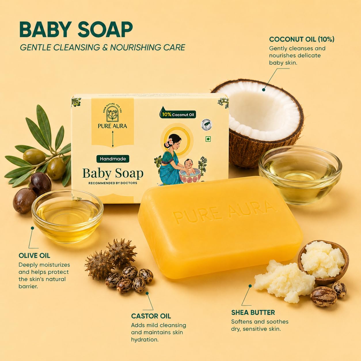PURE AURA Baby Soap 100g, Handmade Bath Soap with Coconut Oil, Shea Butter & Jojoba Oil, Gentle Cleansing Bar for Sensitive Skin, Baby Bath Soap Beauty & Personal Care PURE AURA