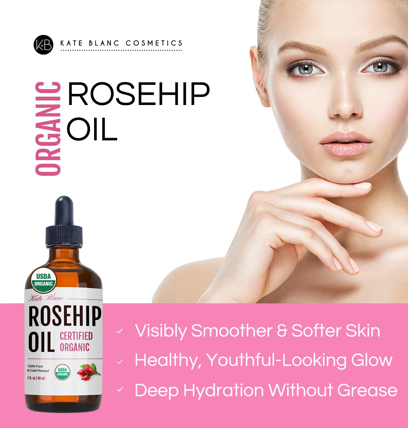 Kate Blanc Cosmetics Rosehip Seed Oil for Face, 100% Pure Organic | Cold Pressed Unrefined Rose Hip Facial Oil for Skin, Hair & Gua Sha Massage (1oz) Beauty and Personal Care Kate Blanc Cosmetics