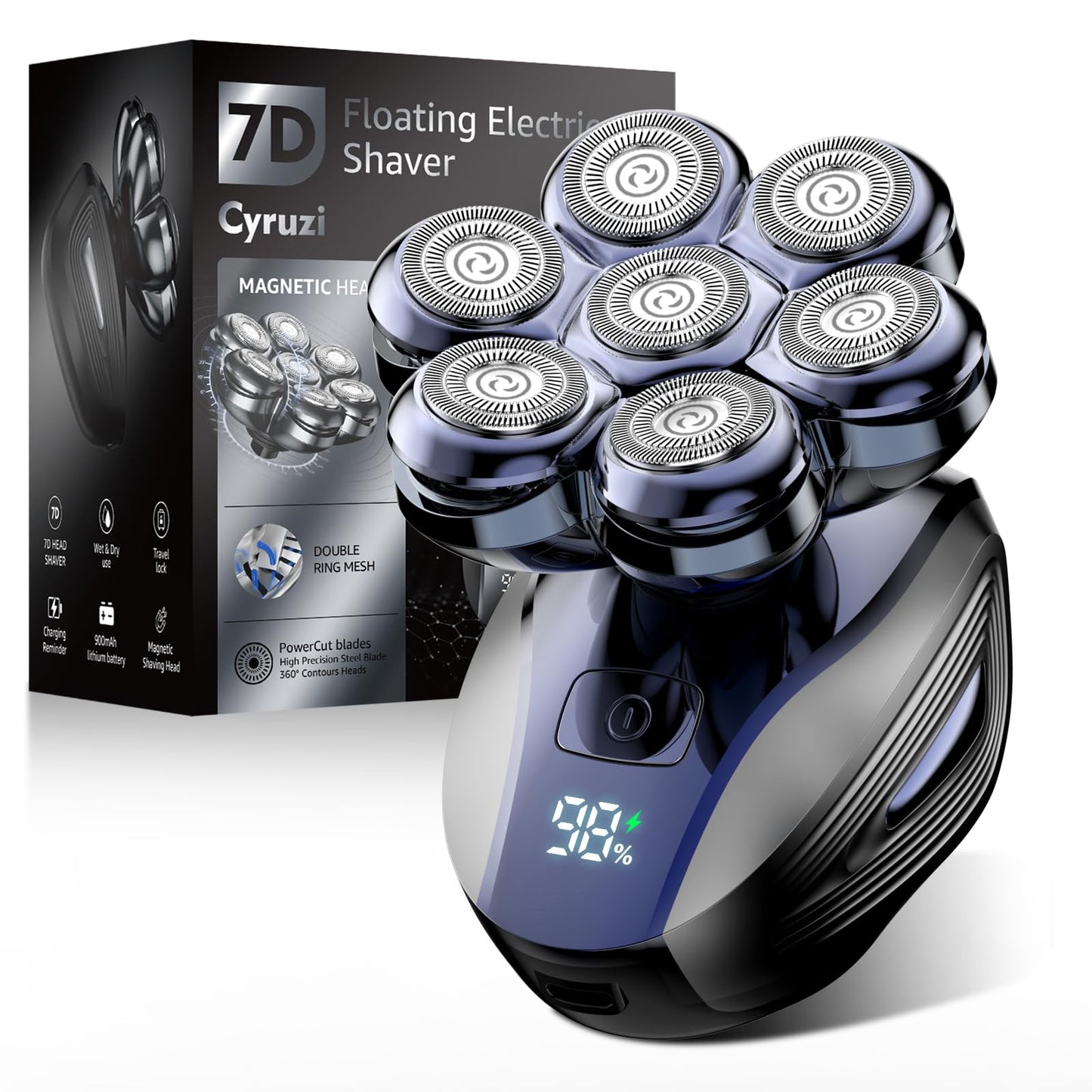 Head Shavers for Bald Men: Upgraded Detachable Head Shaver - IPX7 Waterproof Wet or Dry Electric Razor for Men - 7D LED Display Rechargeable Shaving Beauty and Personal Care Cyruzi