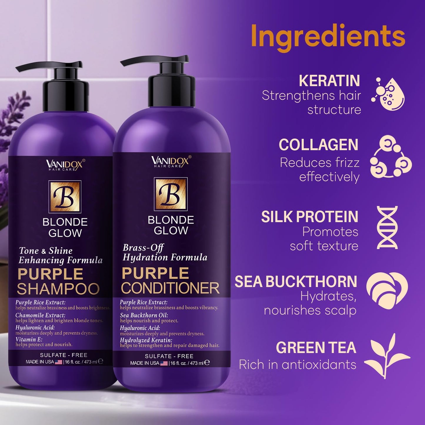 VANIDOX Sulfate Free Brass Toning Purple Shampoo and Conditioner Set for Blondes, Brown Highlighted, or Bleached Hair, Shampoo for Blondes Infused Beauty & Personal Care VANIDOX