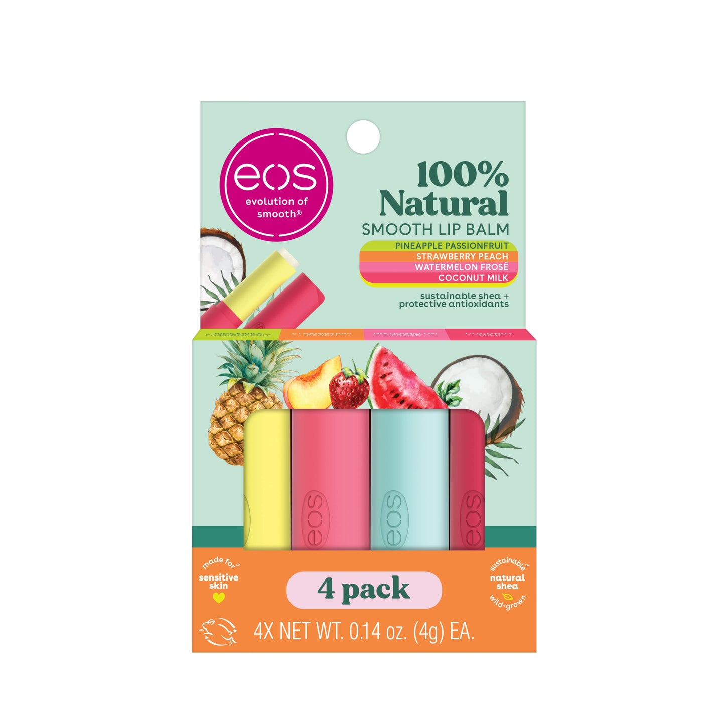 eos 100% Natural Variety Pack Lip Balm Sticks, Coconut Milk, Watermelon Frose, Pineapple Passionfruit, & Strawberry Peach, Lip Care, Pack of 4 Beauty and Personal Care eos