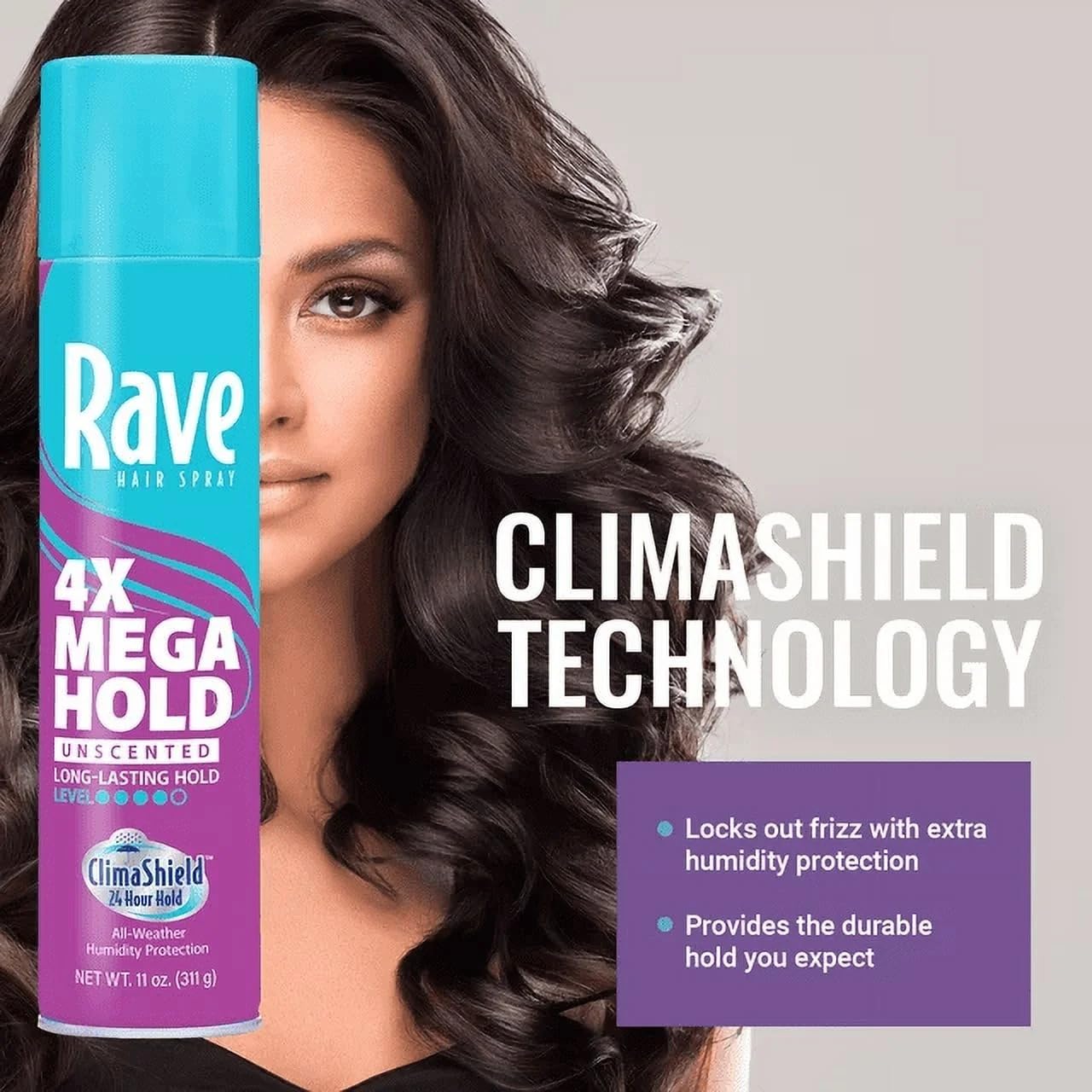 Rave 4X Mega Unscented Aerosol Hairspray - Hair Spray for High Humidity Weather - 24-Hour Lasting Hold - Vitamin-Enhanced Hair Volume Spray - 4 pc Beauty & Personal Care rave