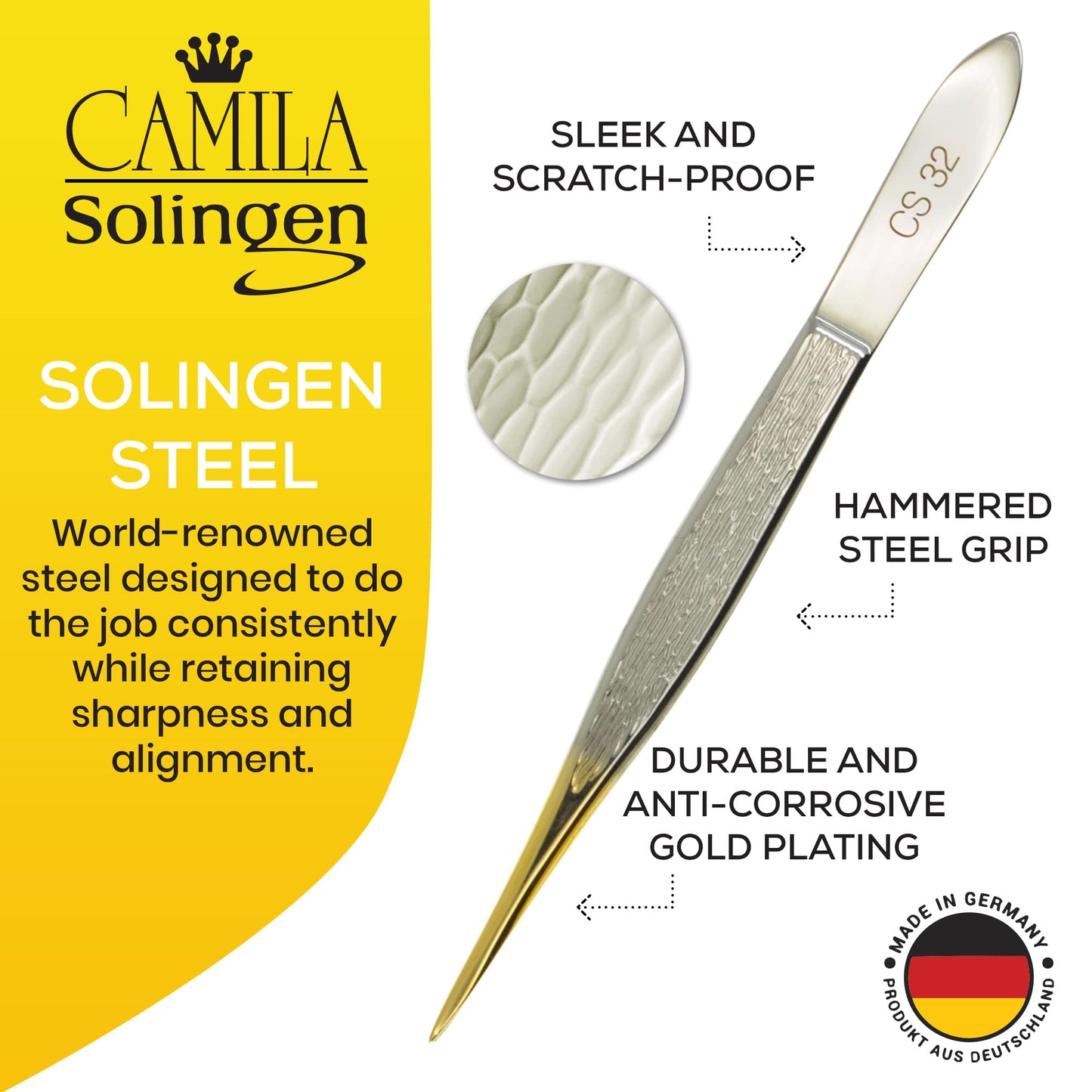 Camila Solingen CS32 3 1/2" Gold Tipped, Surgical Grade, German Carbon Steel Tweezers (Pointed) - Flawless Eyebrow and Facial Hair Shaping and Removal Beauty and Personal Care Camila Solingen