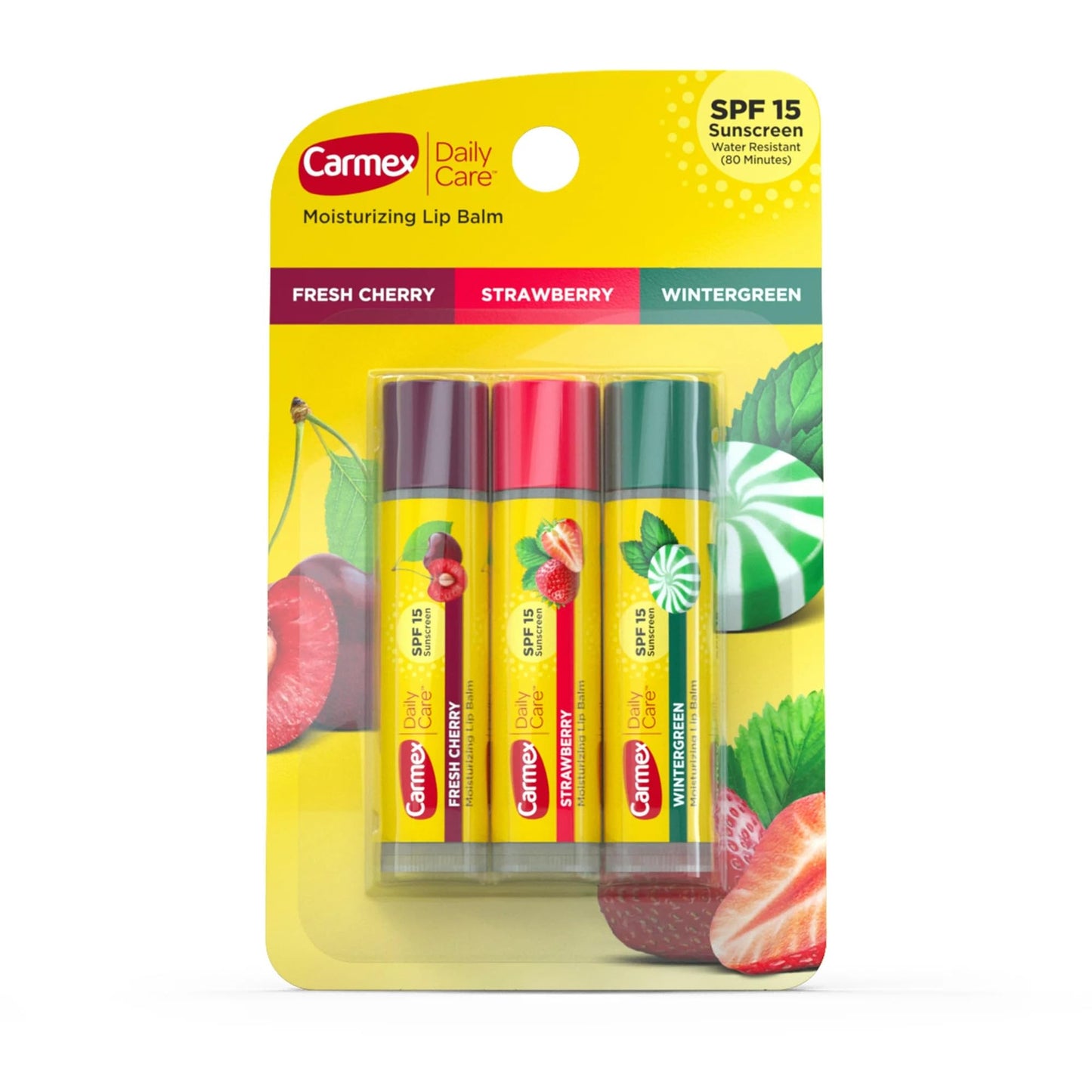 Carmex Daily Care Moisturizing Lip Balm Stick, Cherry, Strawberry, Wintergreen, SPF 15, 0.45 oz, 3 Ct (4 pack) (Bundle) Beauty and Personal Care Carmex