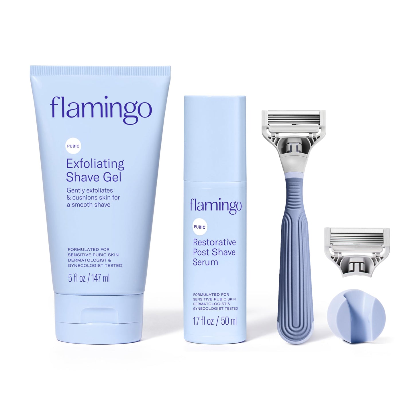 Flamingo Pubic Hair Razor for Women, Shaving Kit, 1 Razor, Exfoliating Shaving Gel 5 fl oz - Restorative Post Shave Serum 1.7 fl oz, Starter Set, Full Beauty and Personal Care Flamingo