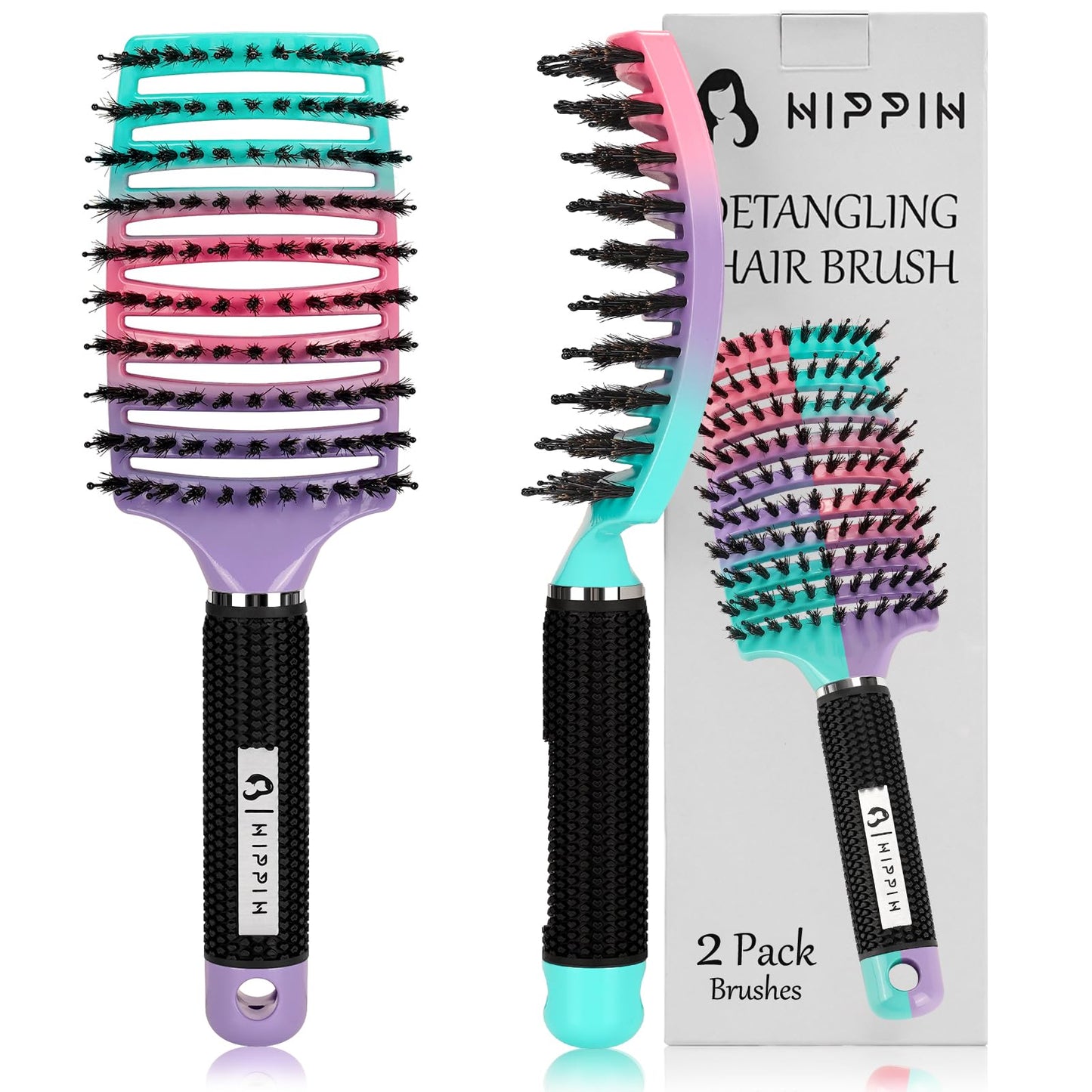 Boar Bristle Hair Brush Set of 2, HIPPIH Wet & Dry Hair Brushes Made by Fine Natural Boar Hair Can Adds Shine and Smoothing, Detangling Hairbrush Beauty and Personal Care HIPPIH Default Title