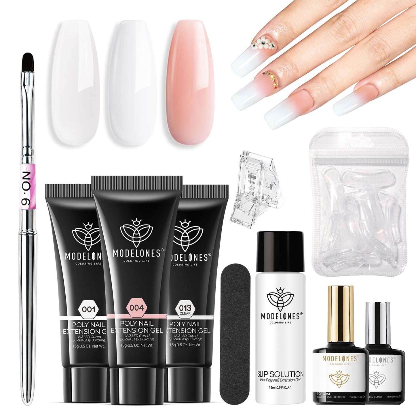 Modelones Poly Gel Nail Kit 3 Colors Clear White Apricot with Slip Solution Dual Nail Forms Top Base Coat Extension Builder Gel Polygel Toenail Kit Beauty and Personal Care modelones Default Title
