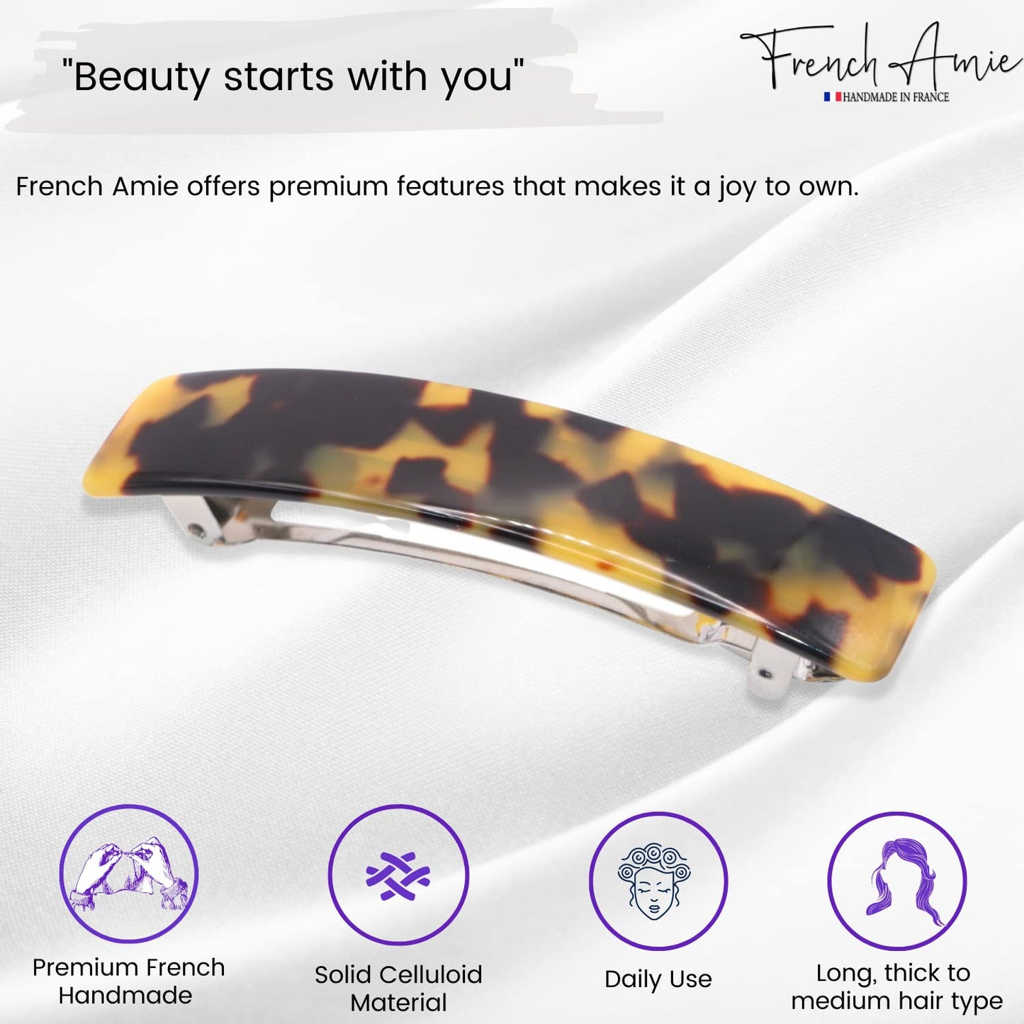 French Amie Oblong Handmade 3.5" Celluloid No Slip Hair Clip Barrette for Women, Made in France (Tokyo Shell) Beauty & Personal Care French Amie