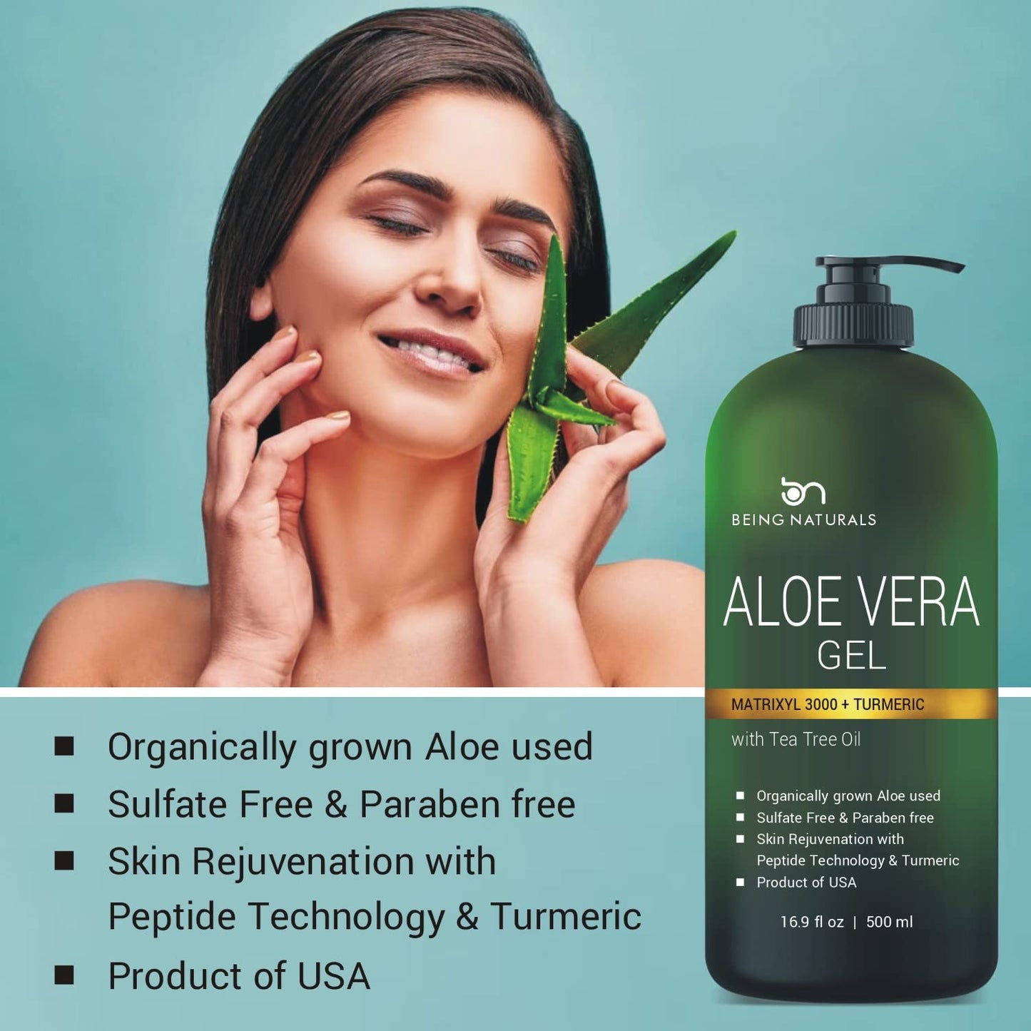 Aloe vera Gel - from 100% Pure Organic Aloe Infused with Matrixyl 3000 (Peptides), Turmeric - Natural Raw Moisturizer for Face, Body, Hair. Perfect Beauty & Personal Care Being Naturals