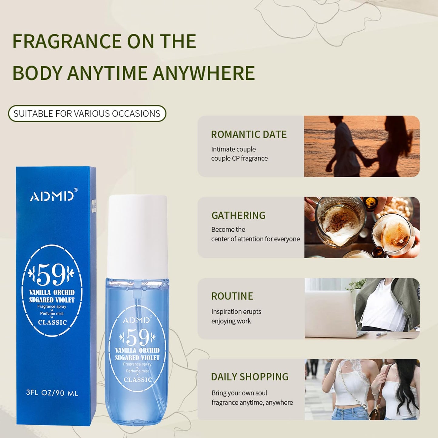 ADMD Sweet Floral Body Spray Romantic Perfume for Women, Model 59# Delightful Fruity Long-Lasting, Enchanting Fragrance Mist, Travel-Size 90ml Beauty & Personal Care ADMD