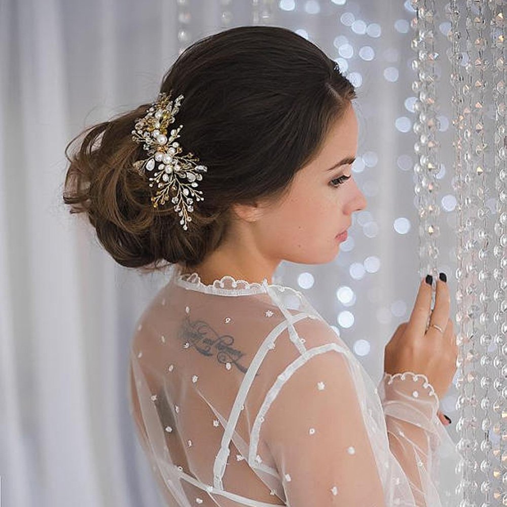 Kercisbeauty Wedding Bridal Bridesmaids Flower Girl Crystal and Pearl Side Hair Comb Slide Headpiece Long Curly Bun Hair Accessories for Prom (Gold) Beauty & Personal Care Kercisbeauty
