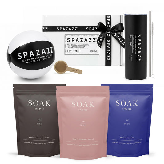 Spazazz Soak Bag Gift Set - 7oz Exotic Mahogany Rush, Silky Chamomile Ripple & Sea Blu Release Aromatherapy Bath Soak with Bath Salt Scoop, Tumbler Beauty and Personal Care Spazazz
