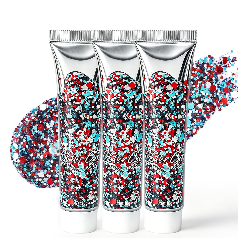 3PC Waterproof Red White Blue Hair Glitter Stick for Patriotic Celebrations &Game Days, 4th of July Glitter Stick, Sparkling Face&Body Makeup Beauty & Personal Care AprYew