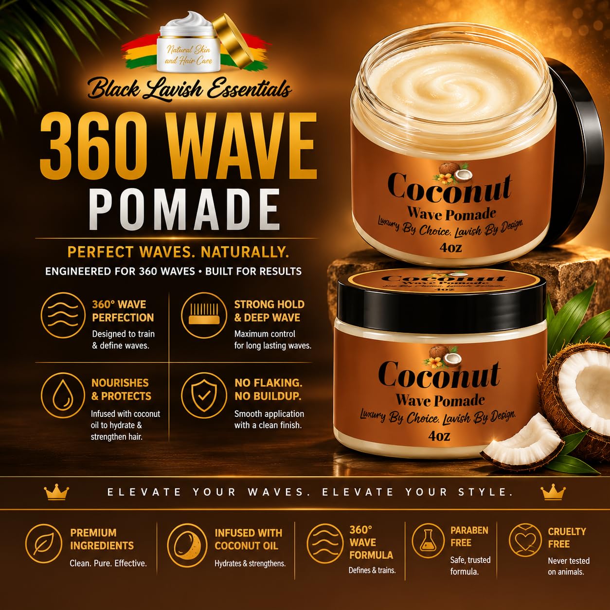 Black Lavish Essentials Ultra-Smooth 360 Wave Pomade, 4oz Coconut Hair Butter, Strong Hold Non-Greasy Hair Styling Cream for Deep Waves, Shea Beauty & Personal Care Black Lavish Essentials